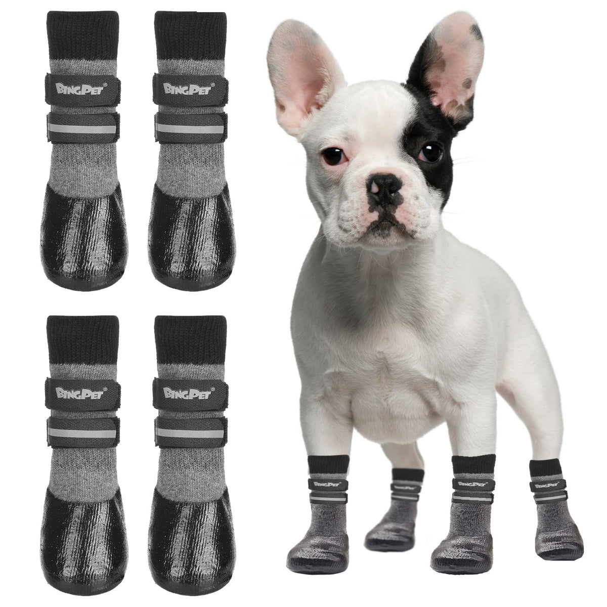 Bingpet Anti-Slip Dog Socks,Waterproof Paw Protectors With Reflective Straps Traction Control For Indoor & Outdoor Wear, 4Pcs