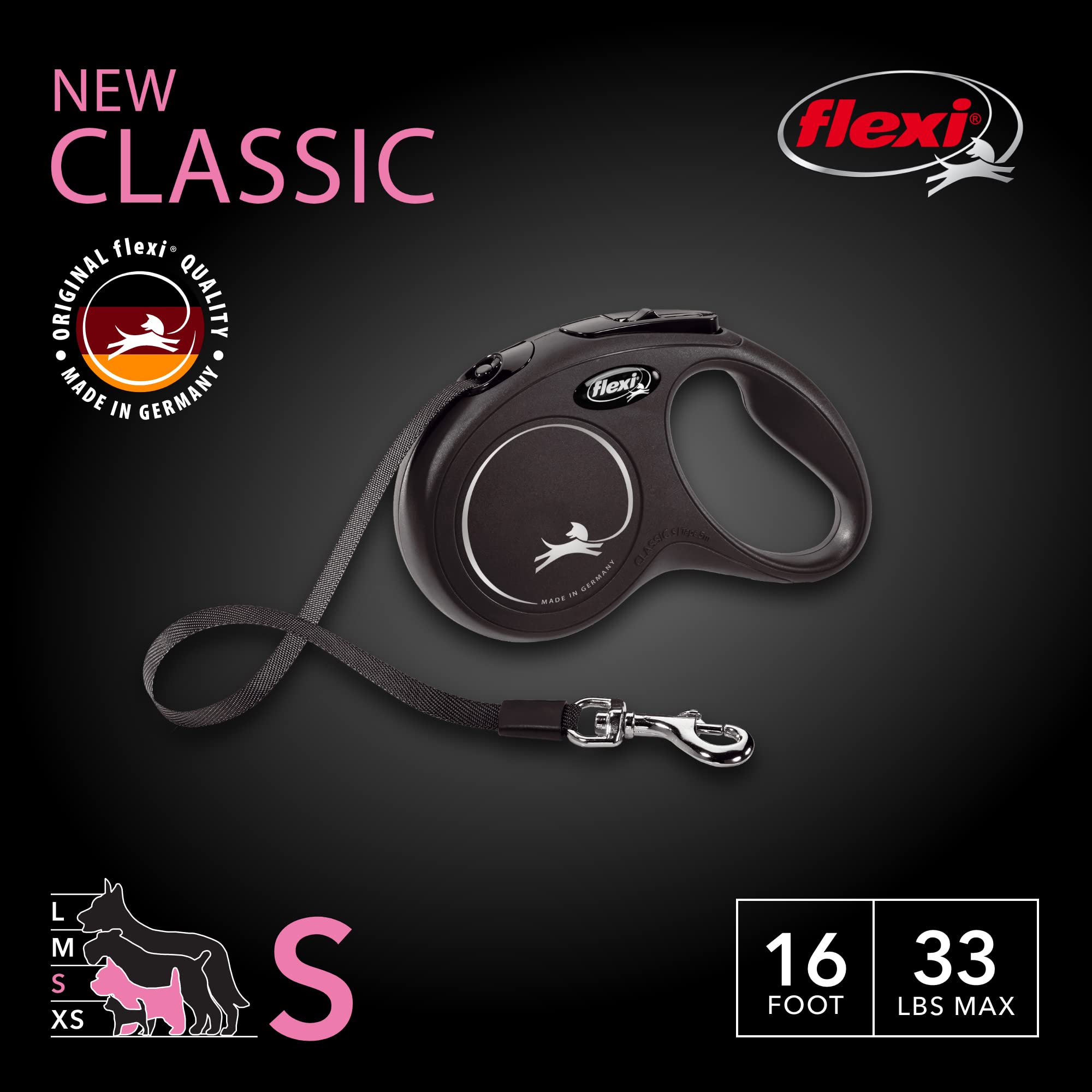 Flexi New Classic Tape Retractable Dog Leash For Small Dogs Up To 33 Lbs. – 16 Ft., Black| Tangle Free Pet Walking Leash With One-Handed Brake, Pause, Lock|German Quality Product