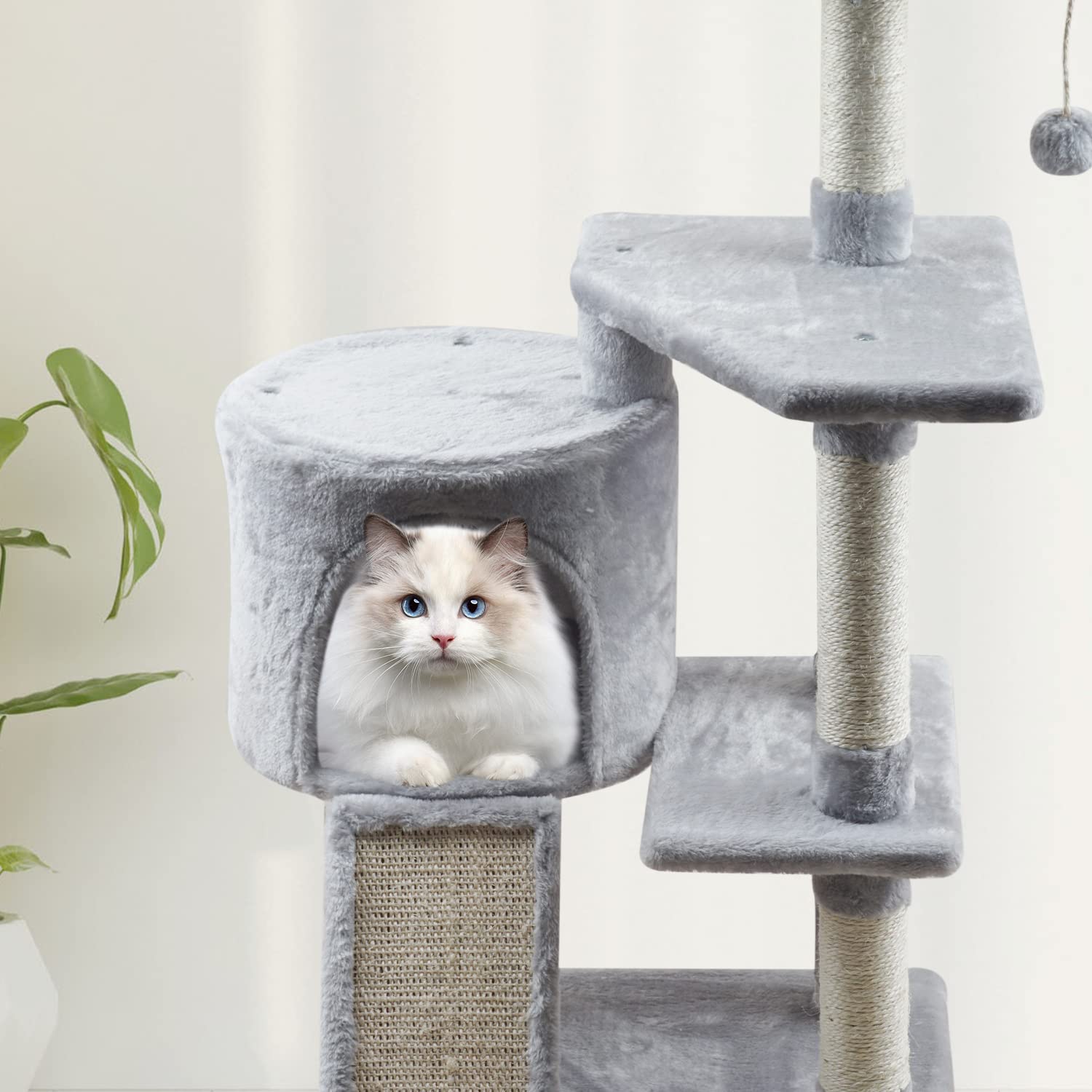 Miao Paw Grey Cat Tree Tower For Indoor Cats Cat Condo With Scratching Post Cat Tree For Large Medium Small Cat With Dangling Ba
