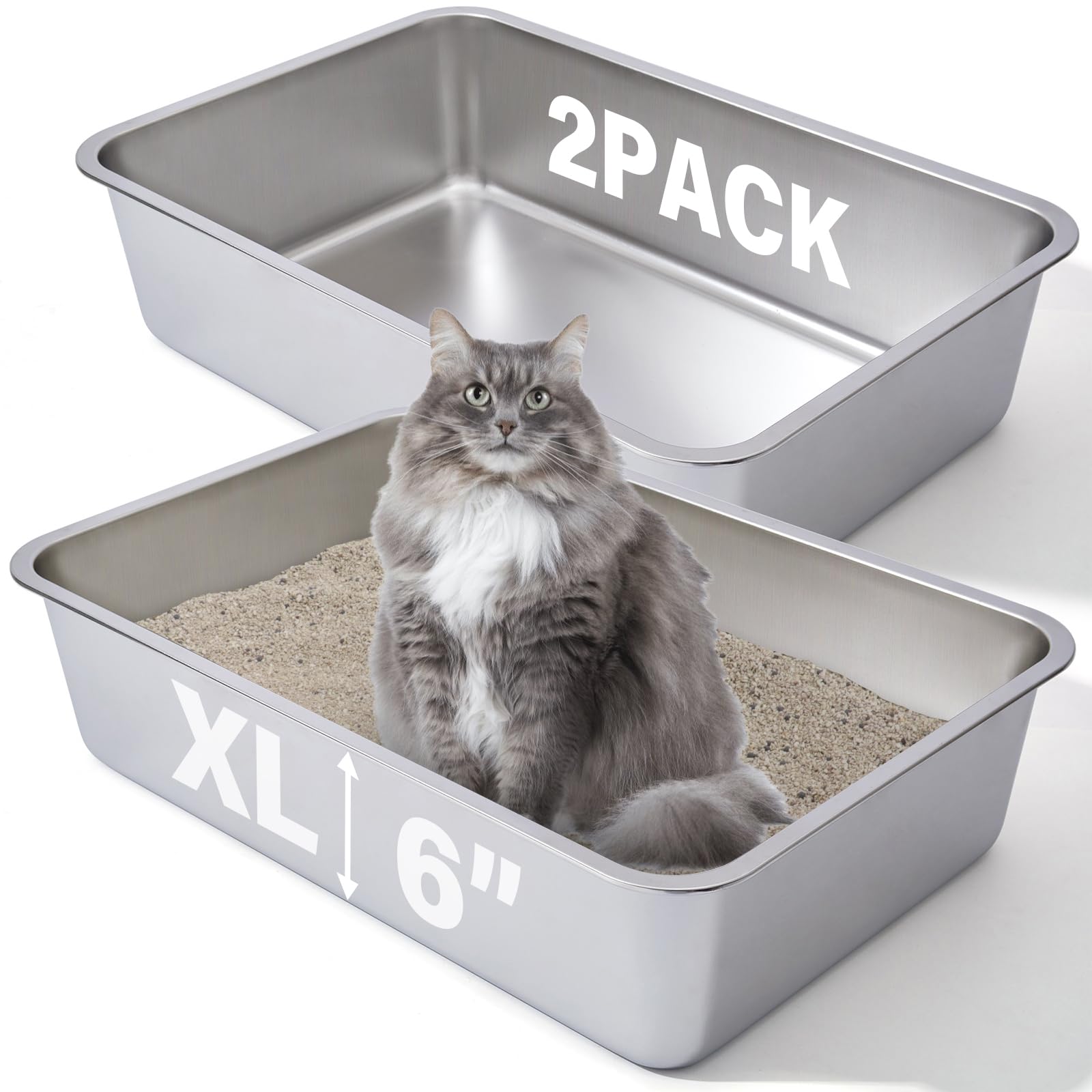 Futam Stainless Steel Litter Box 2 Pack, 23.6X15.7''X6'' Deep Stainless Steel Cat Litter Box Extra Large, Xl Metal Litterbox For