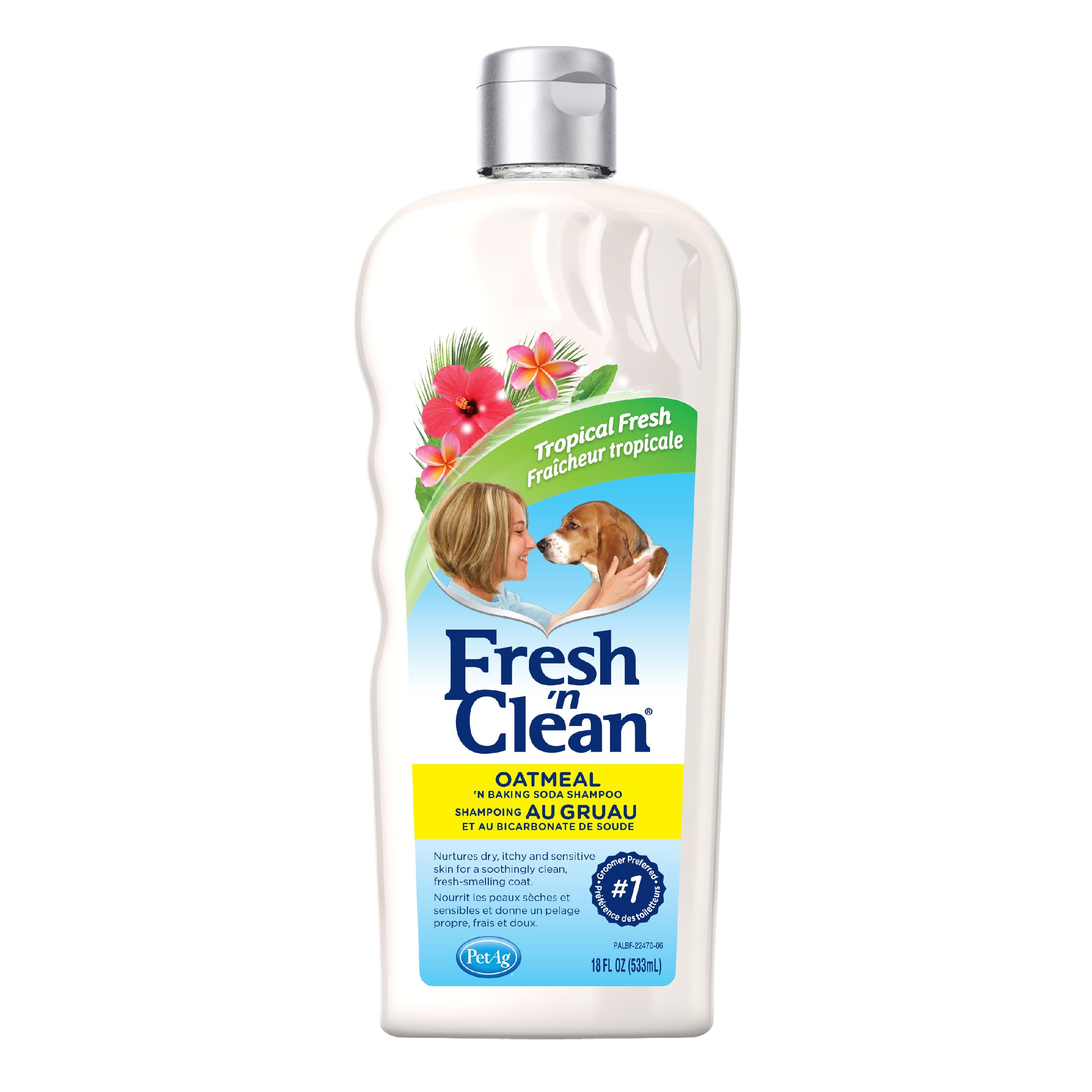 Pet-Ag Fresh ’N Clean Oatmeal ’N Baking Soda Shampoo - Tropical Fresh Scent - 18 Oz - Nurtures Dry, Itchy & Sensitive Skin With Vitamin E & Aloe - Strengthens & Repairs Coats - Soap Free