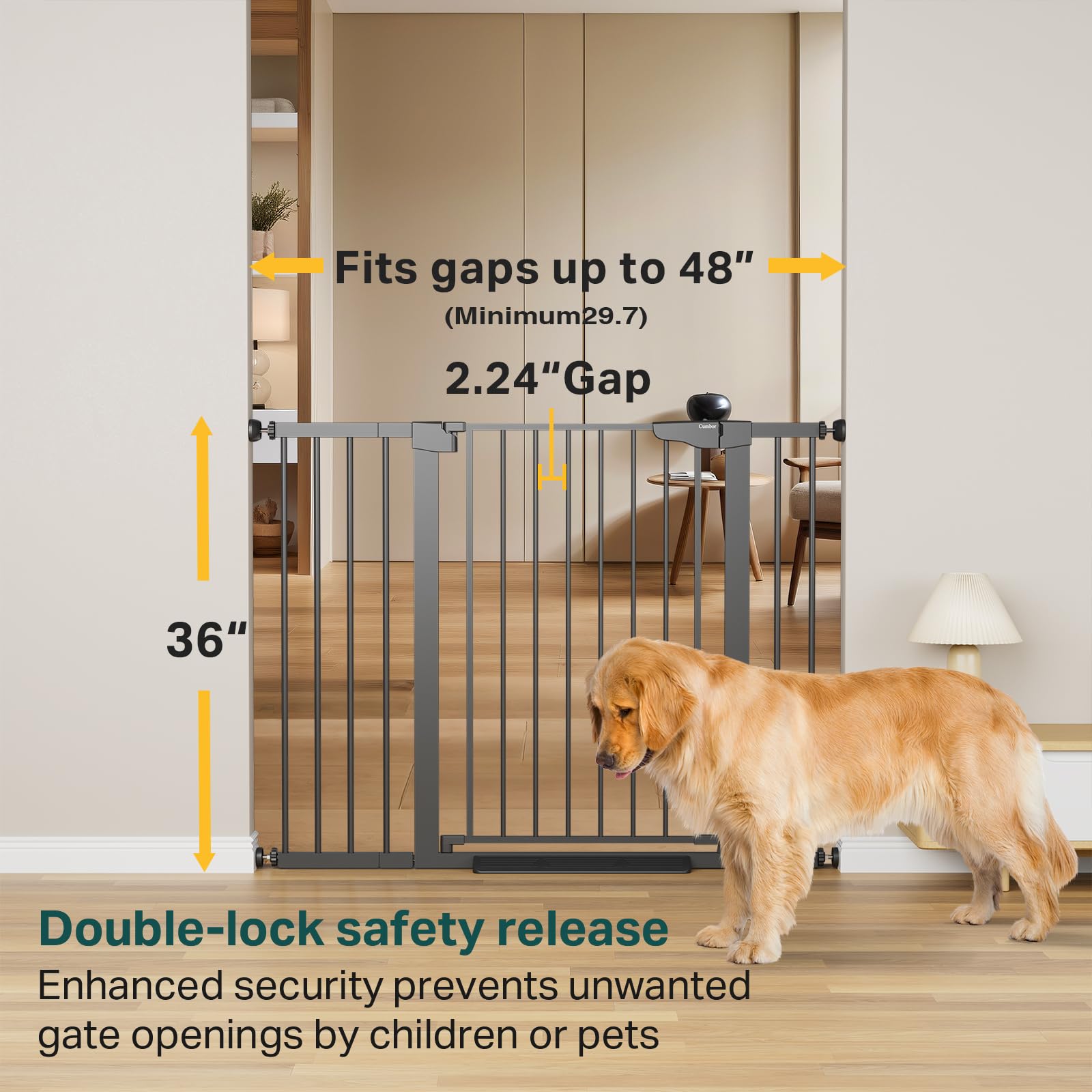 Cumbor 36' Extra Tall Baby Gate For Stairs, 29.7-48' Wide Dog Gates For Doorways, Auto Close Safety Gate For Babies And Pets, Easy Install, Pressure Mounted, Fits Doorways, Stairs, Entryways, Black