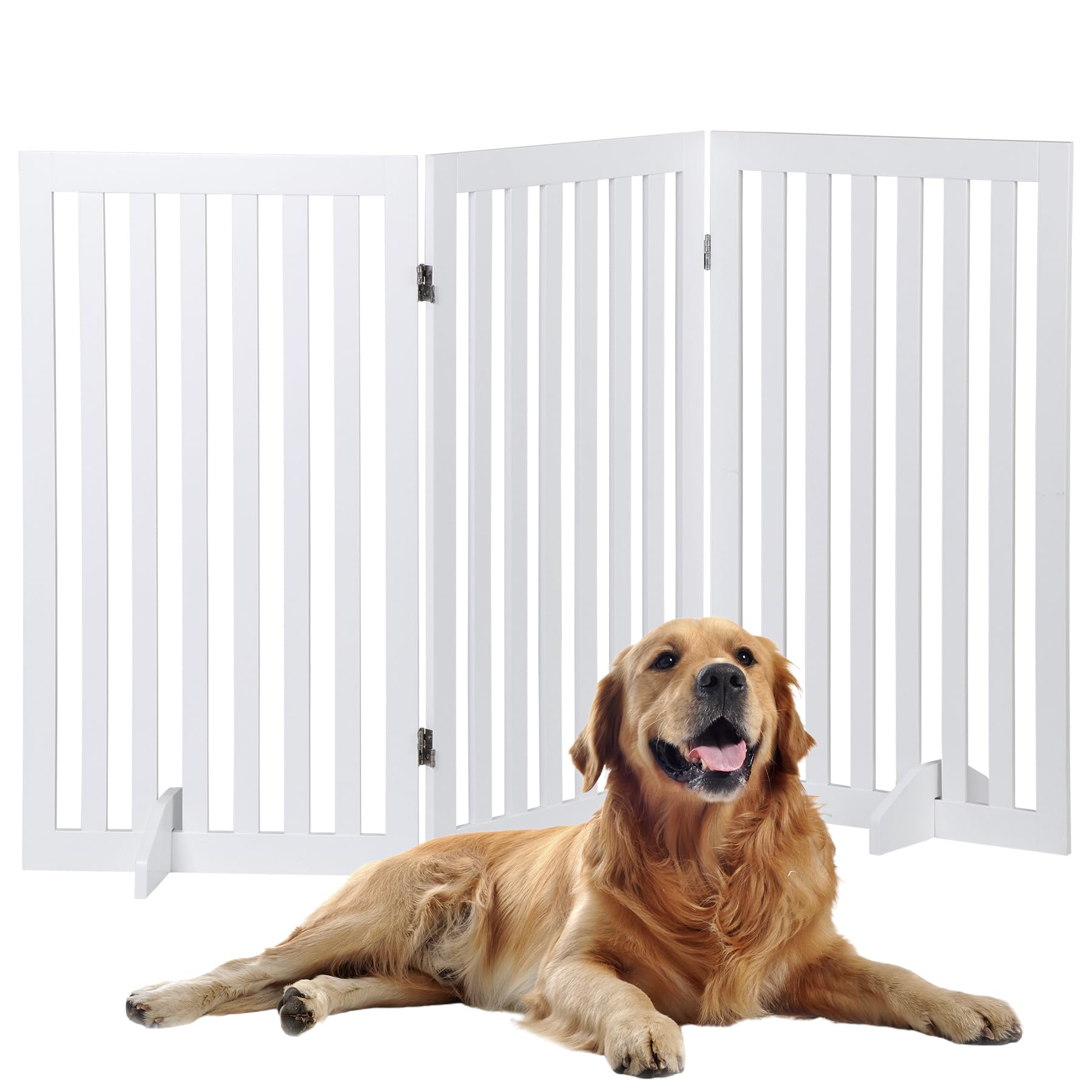 Freestanding Pet Dog Gate 36 Inch Foldable Fence Indoor 3 Panel Extra Wide Wooden Dog Door For Stairs Hallways Doorways