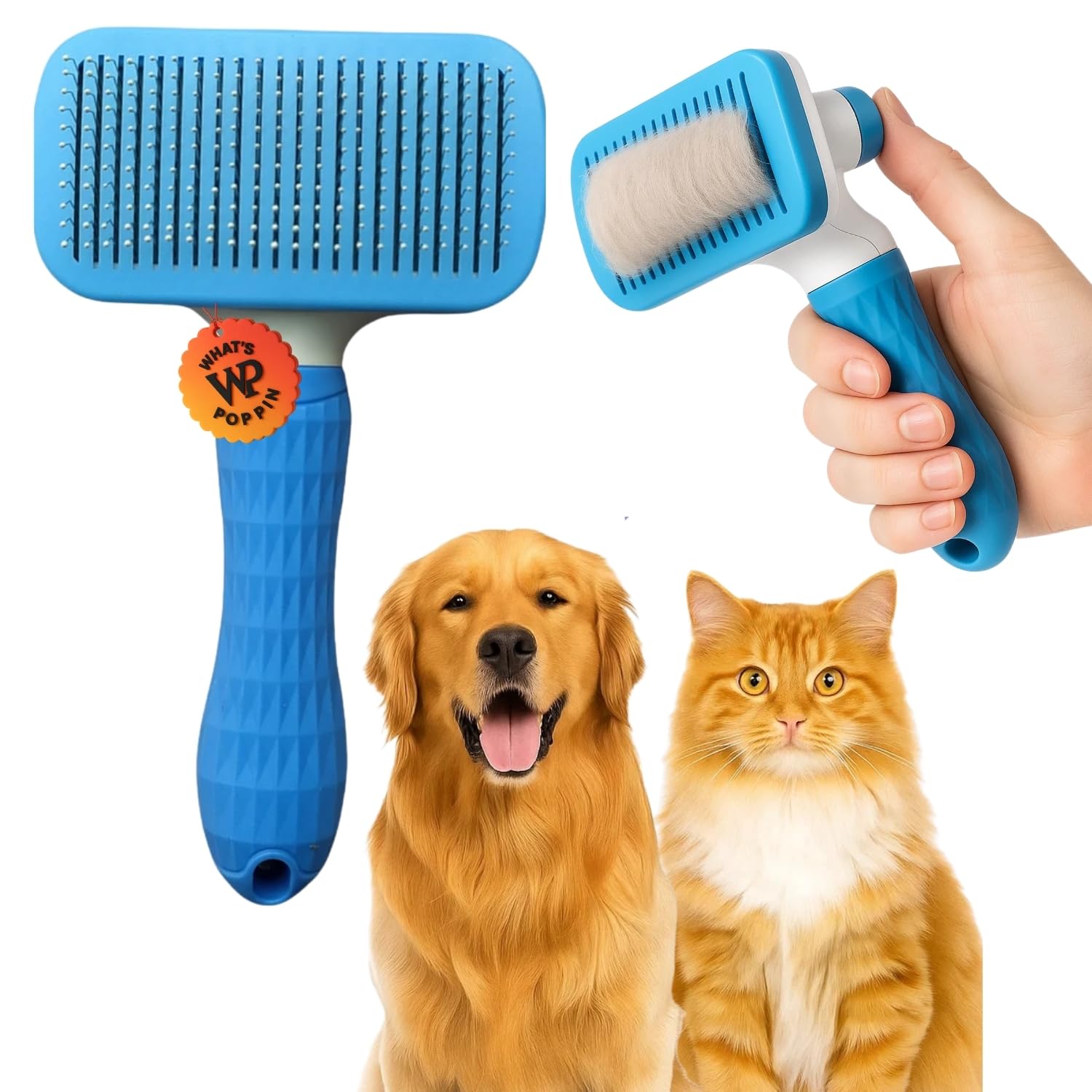 What's Poppin SelfCleaning Rectangle Pet Grooming Brush for Dogs & Cats | Steel Bristles for Detangling & Shedding | OneClick 