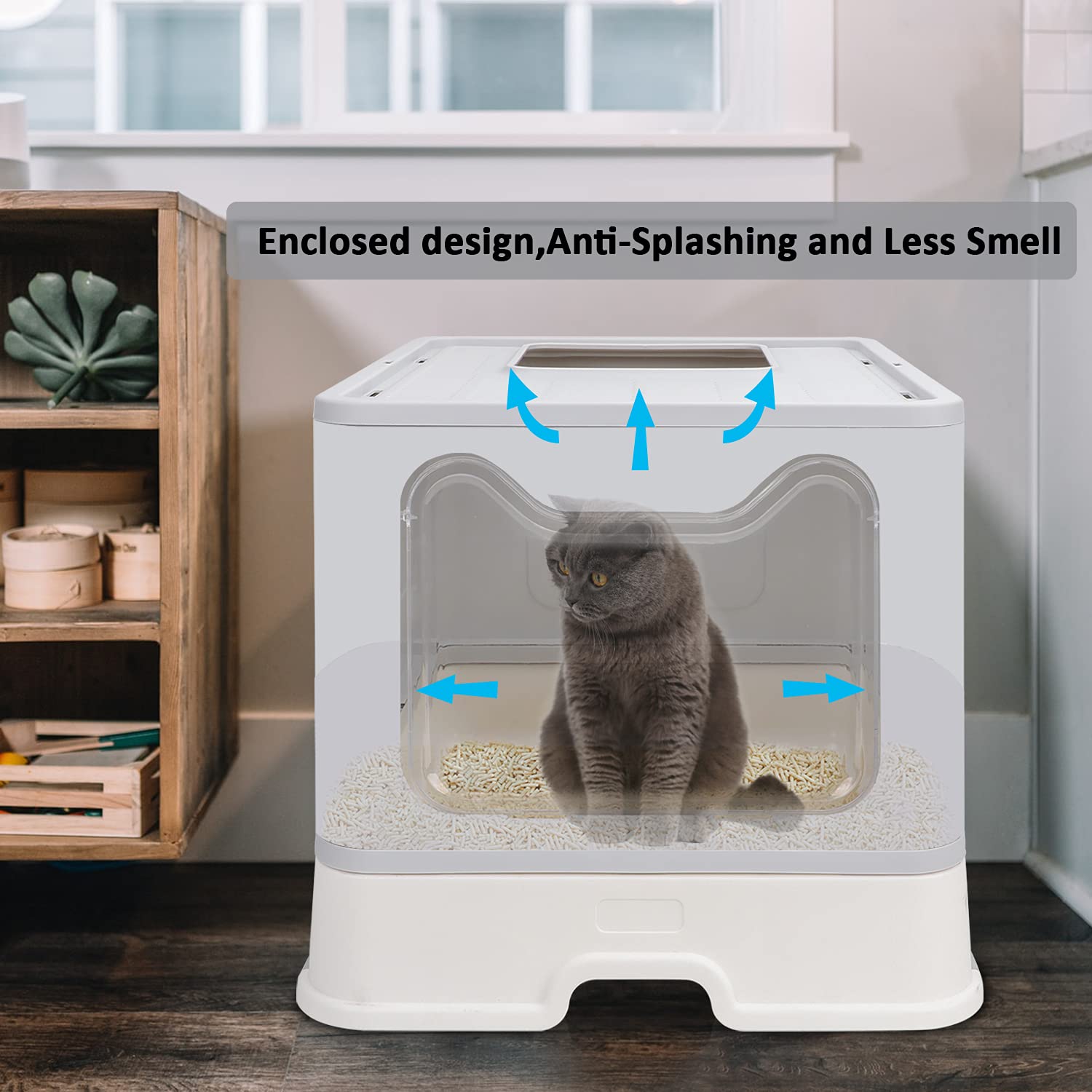 Foldable Cat Litter Box With Lid, Enclosed Cat Potty, Top Entry Anti-Splashing Cat Toilet, Easy To Clean Including Cat Litter Scoop And 2-1 Cleaning Brush (Grey), Large