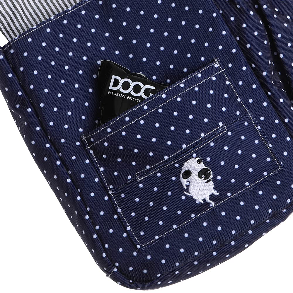 DOOG | Walkie Bag | Adjustable Shoulder Bag with Poo Bag Compartment and Water Bottle Compartment | Navy with Polka Dots
