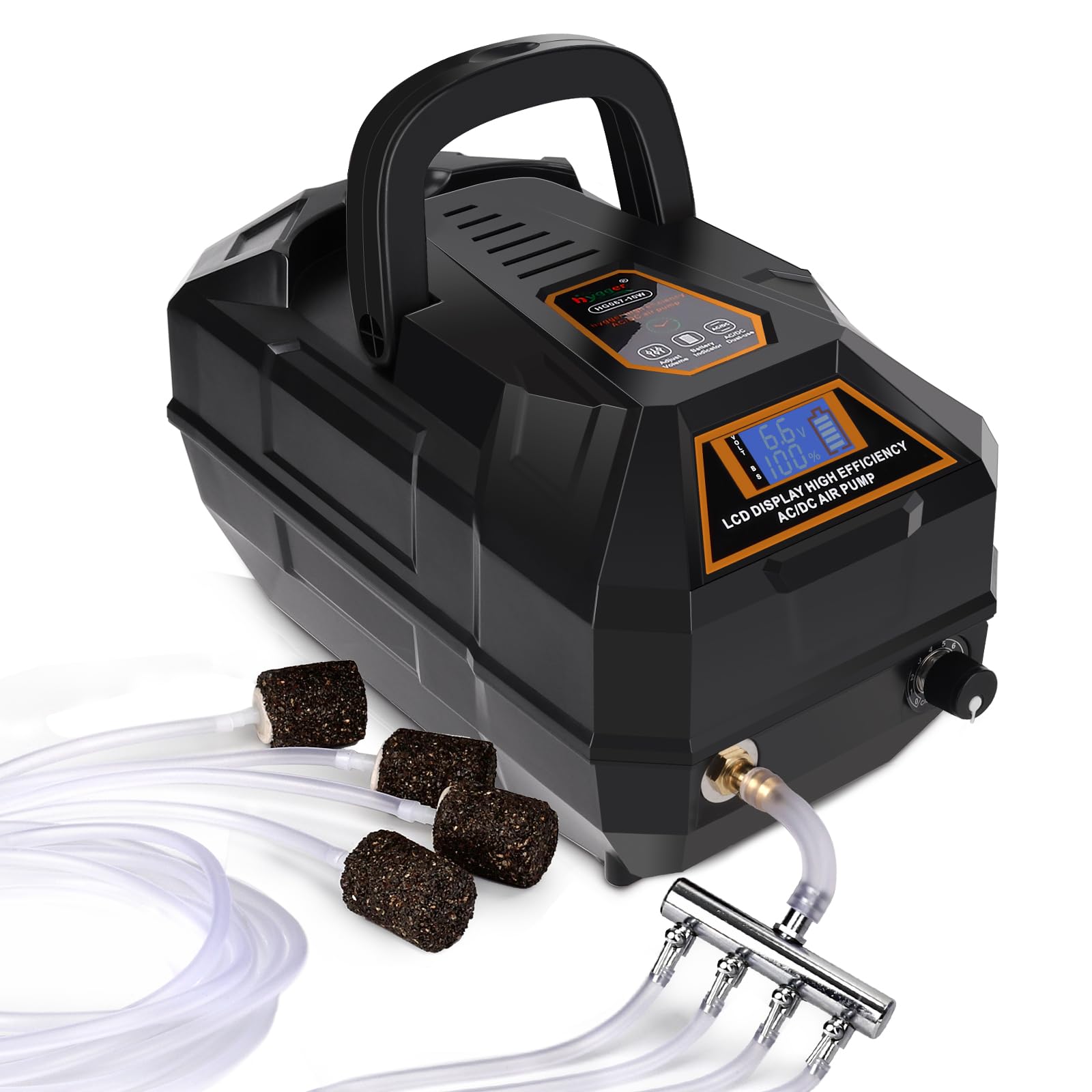 hygger Rechargeable Aquarium Pond Air Pump, Powerful Quiet Commercial Tank Air Pump with Hose Air Stone Check Valve Adjustable F