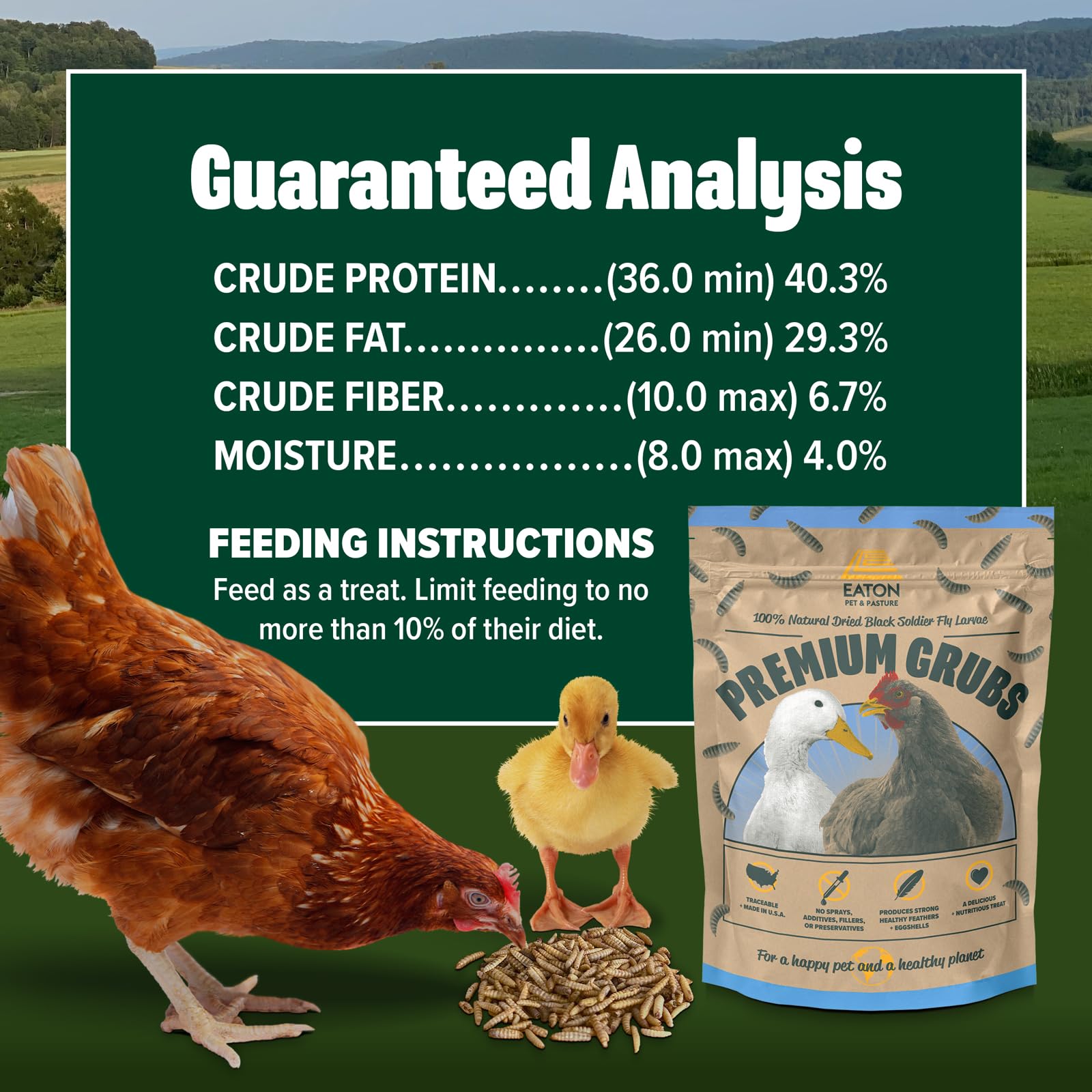 Eaton Pet and Pasture Premium Grubs, USA Grown Dried Black Soldier Fly Larvae, High Calcium Treat for Chickens, Ducks, Wild Bird