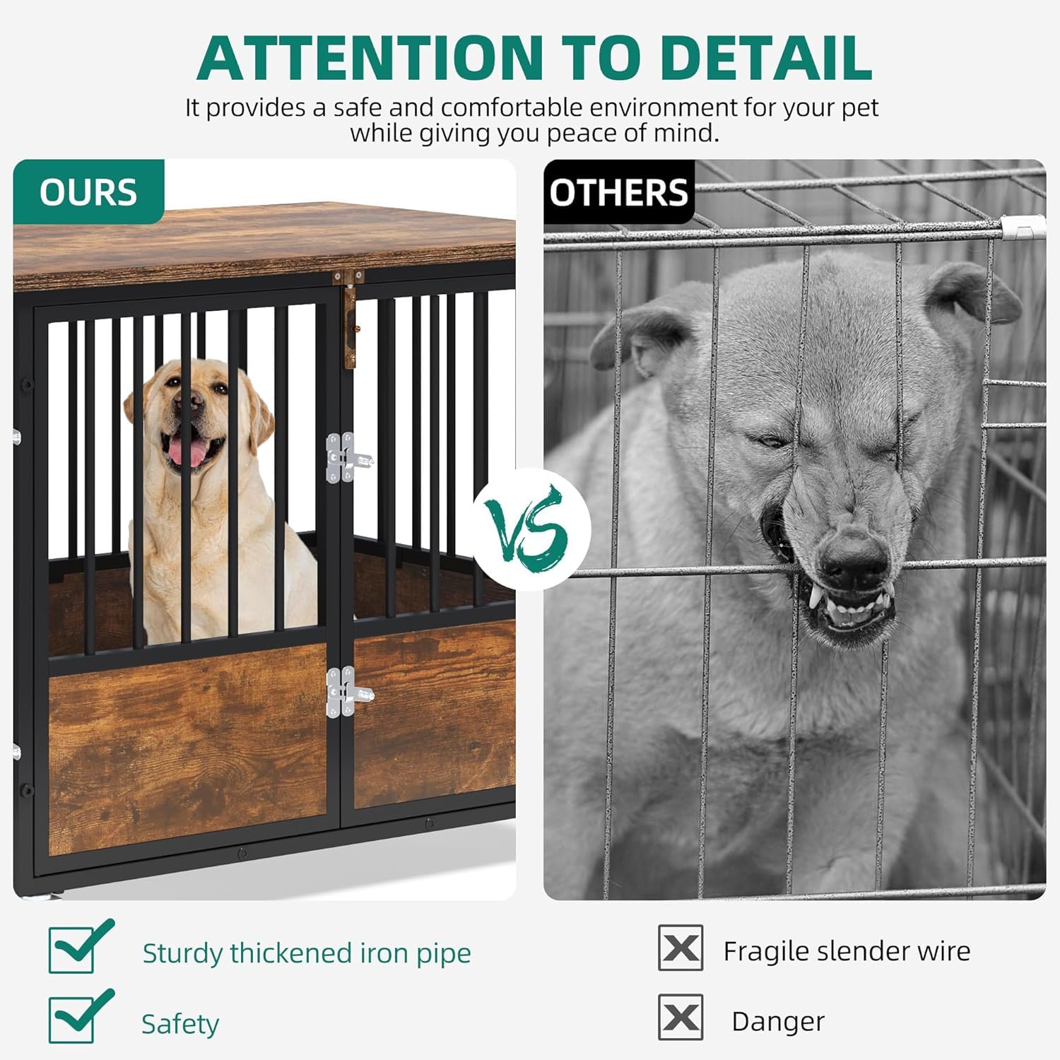YITAHOME Rustic Heavy Duty Dog Crate Furniture with Wheels, Double-Doors Metal Dog Kennel Indoor for Small Medium Dogs, Decorati