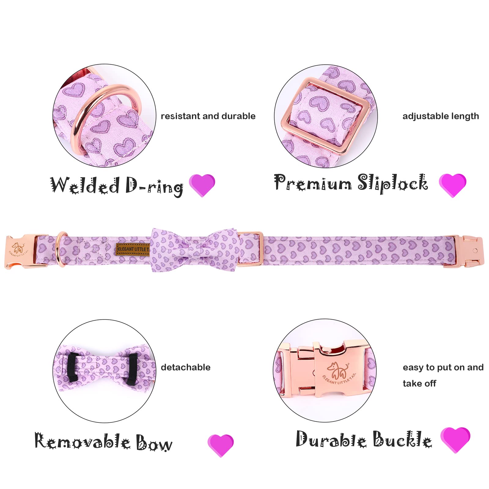 Elegant Little Tail Valentine'S Day Dog Collar With Bow, American Flag Bow Tie Dog Collar, Cute Heart Dog Bowtie Pet Gift Dog Collar For Small Dogs