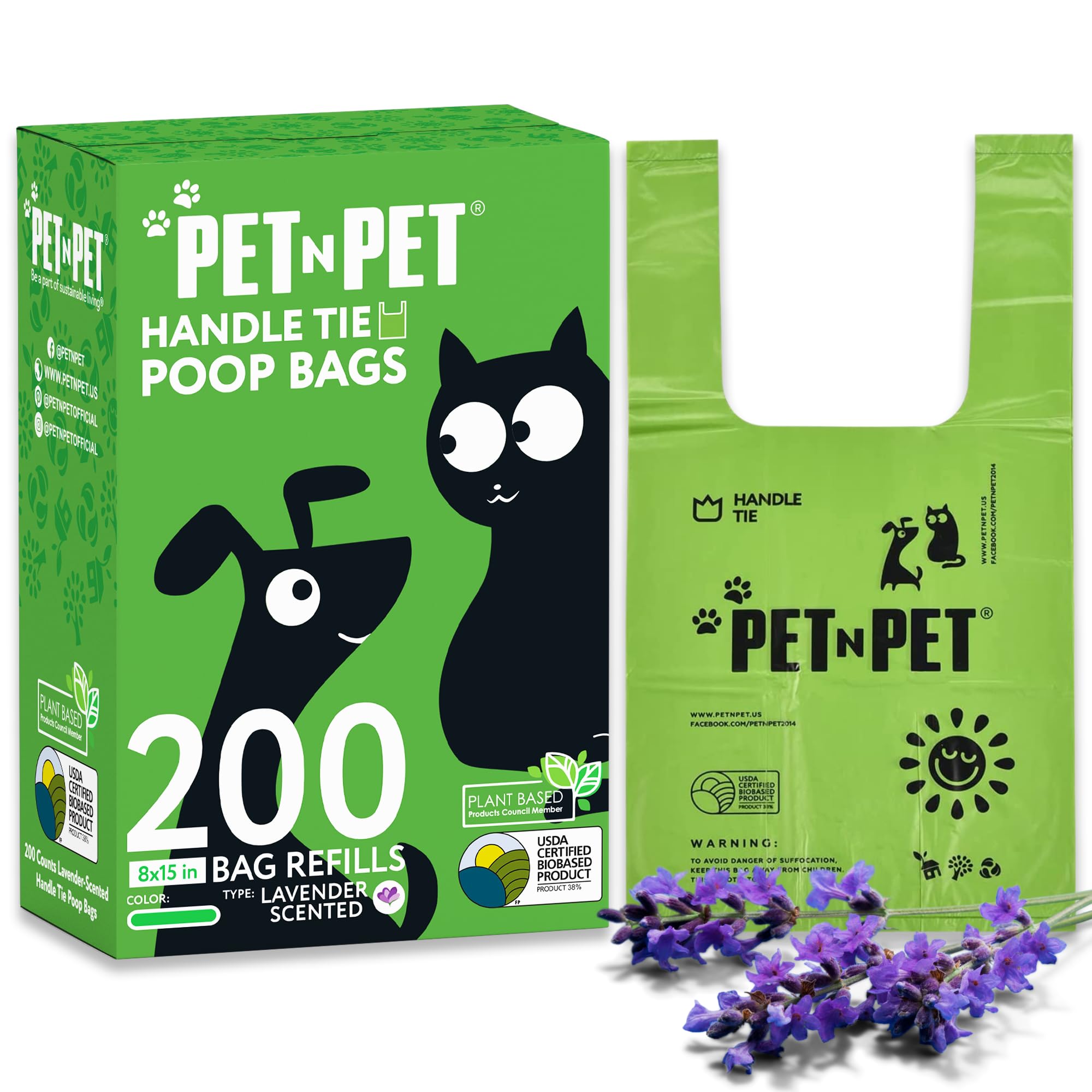 Pet N Pet Dog Poop Bag Scented, Lavender Dog Poop Bags Refills, Dog Bags For Poop With Tie Handles, 200 Counts Dog Waste Bags Usda Certified 38% Biobased Doggie Poop Bags