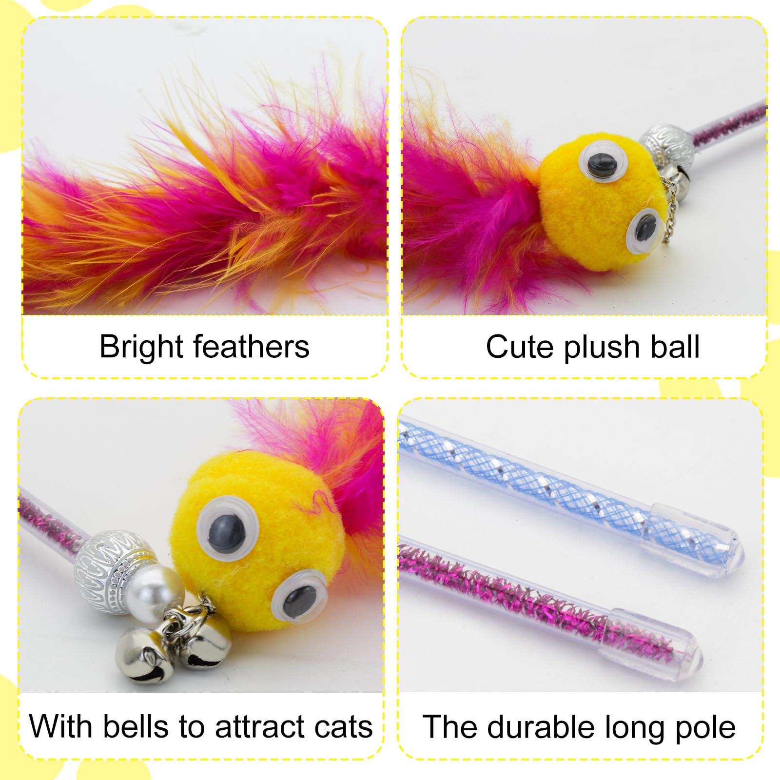 Andiker Cat Feather Toys, 2Pcs Cat Wand Toys With Bell&Plush Balls, 12In Colourful Interactive Kitten Teaser Toy, Funny Interact