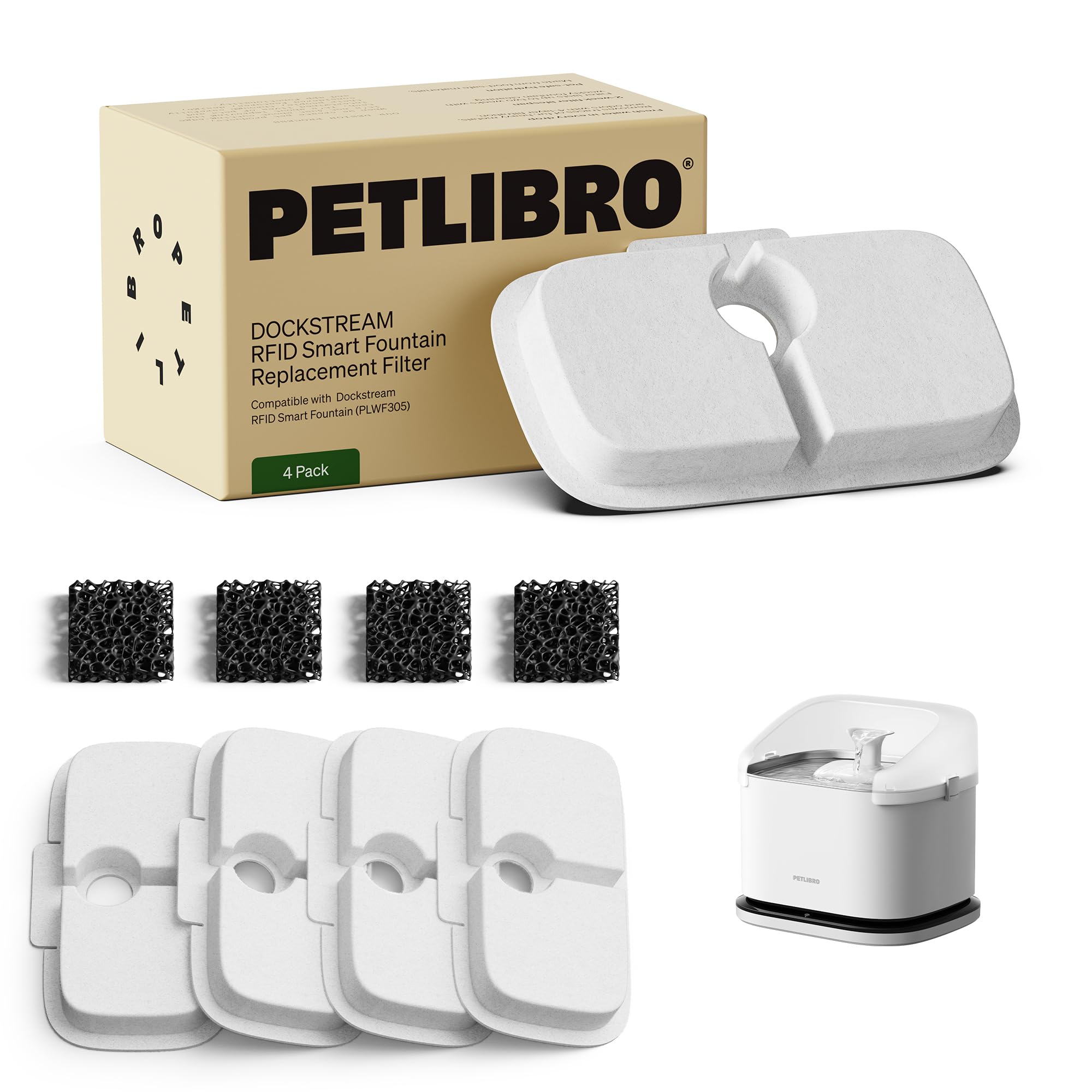 Petlibro 4-Pack Filters For Dockstream Rfid Smart Cat Water Fountain Plwf305, 2-Month Set Of Replacement Filters For Ultra-Quiet