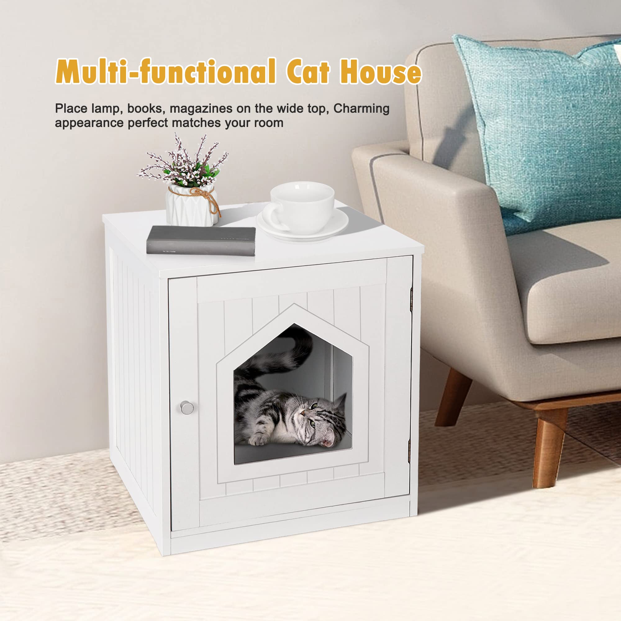 Litter Box Enclosure Cat Litter Box Furniture Hidden Litter Box Furniture Indoor Box Cabinet Cat House Side Table Nightstand (Wh