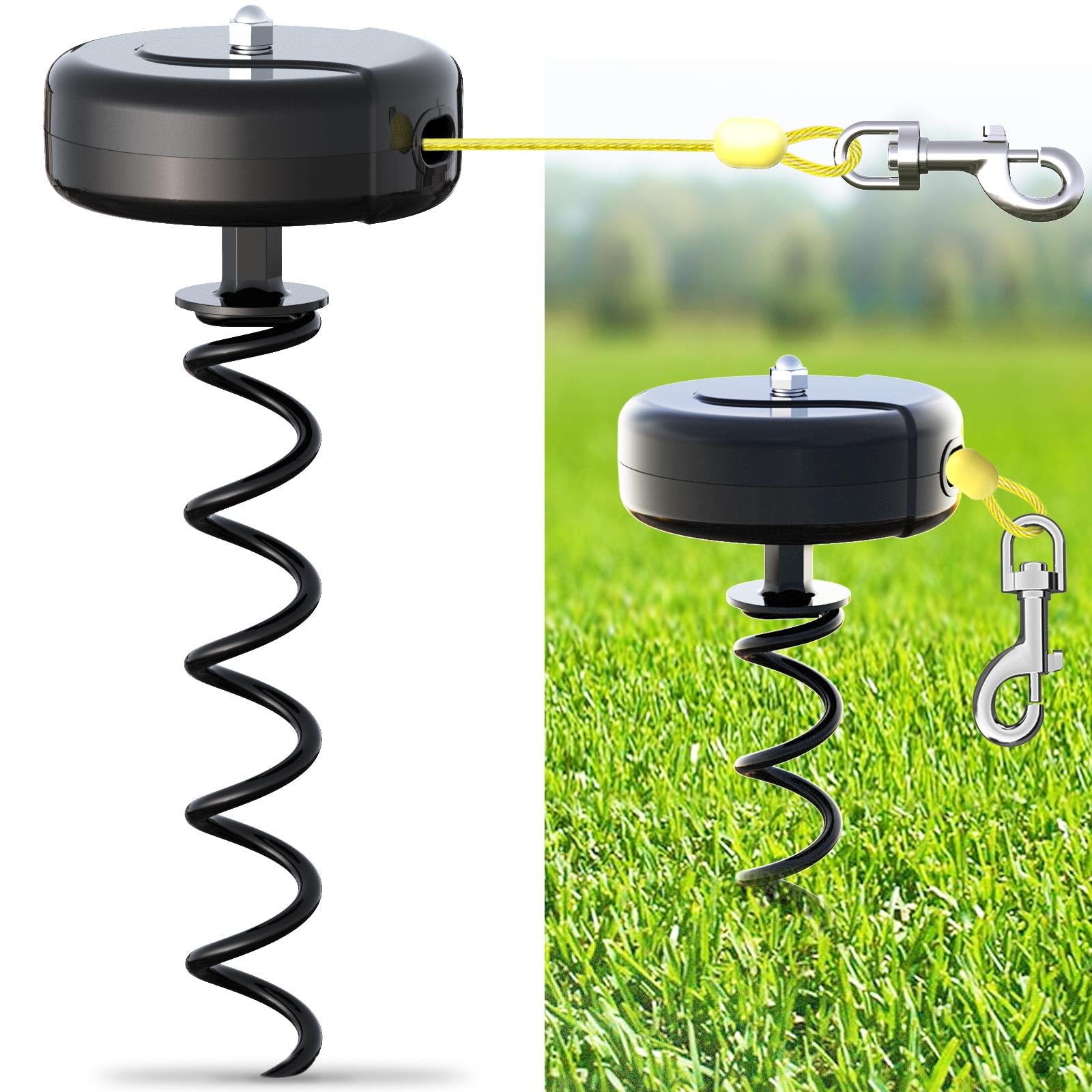 Dog Tie Out Cable and Stake 360 No Tangle Heavy Spiral Yard Stake and Retractable Dog Leash for Dogs Up to 10-90 lbs, 30ft Dog C