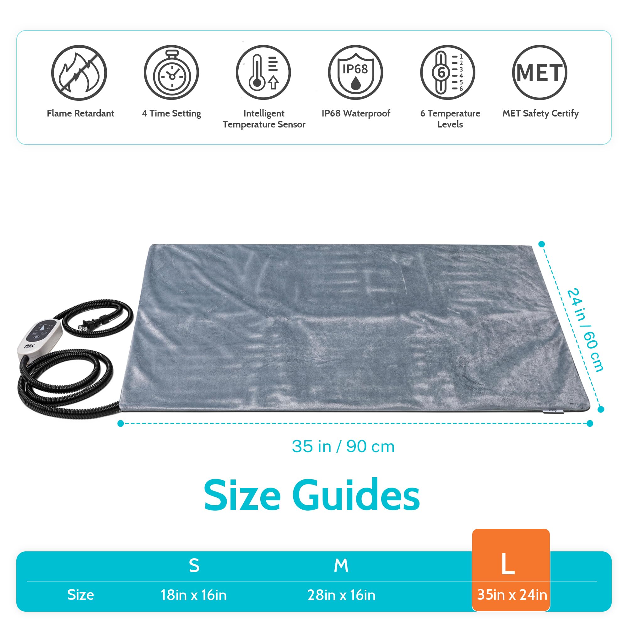 Jazzy Fuzzy Pet Heating Pad, 6 Adjustable Temperature Indoor Heated Pad With Timer, For Cats And Dog With Chew Resistant Cord (L