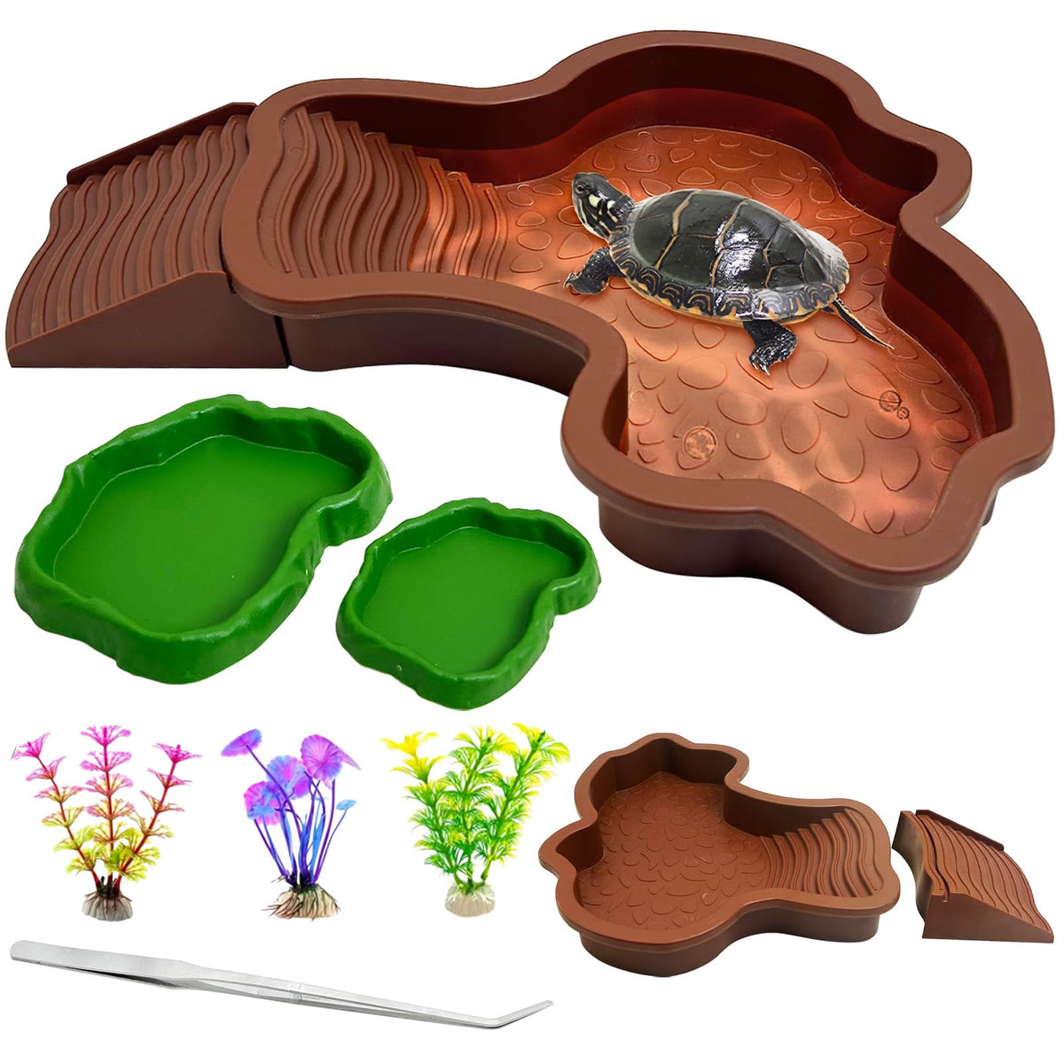 Apatal Reptile Bathing Pool 2-In-1 Tortoise Water Dish With Ramp Large Turtle Feeding Bowl With Steps 7 Pcs Gecko Habitat Decora