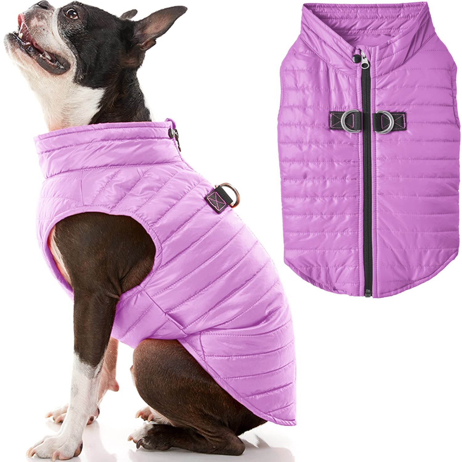 Gooby Puffer Vest Dog Jacket - Purple, Small - Ultra Thin Zip Up Wind Breaker With Dual D Ring Leash - Water Resistant Small Dog
