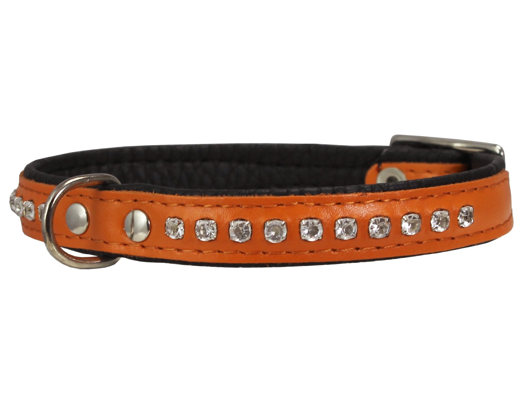 Dogs My Love Rhinestone Genuine Leather Dog Collar (Orange, 8'-9.5' Neck)