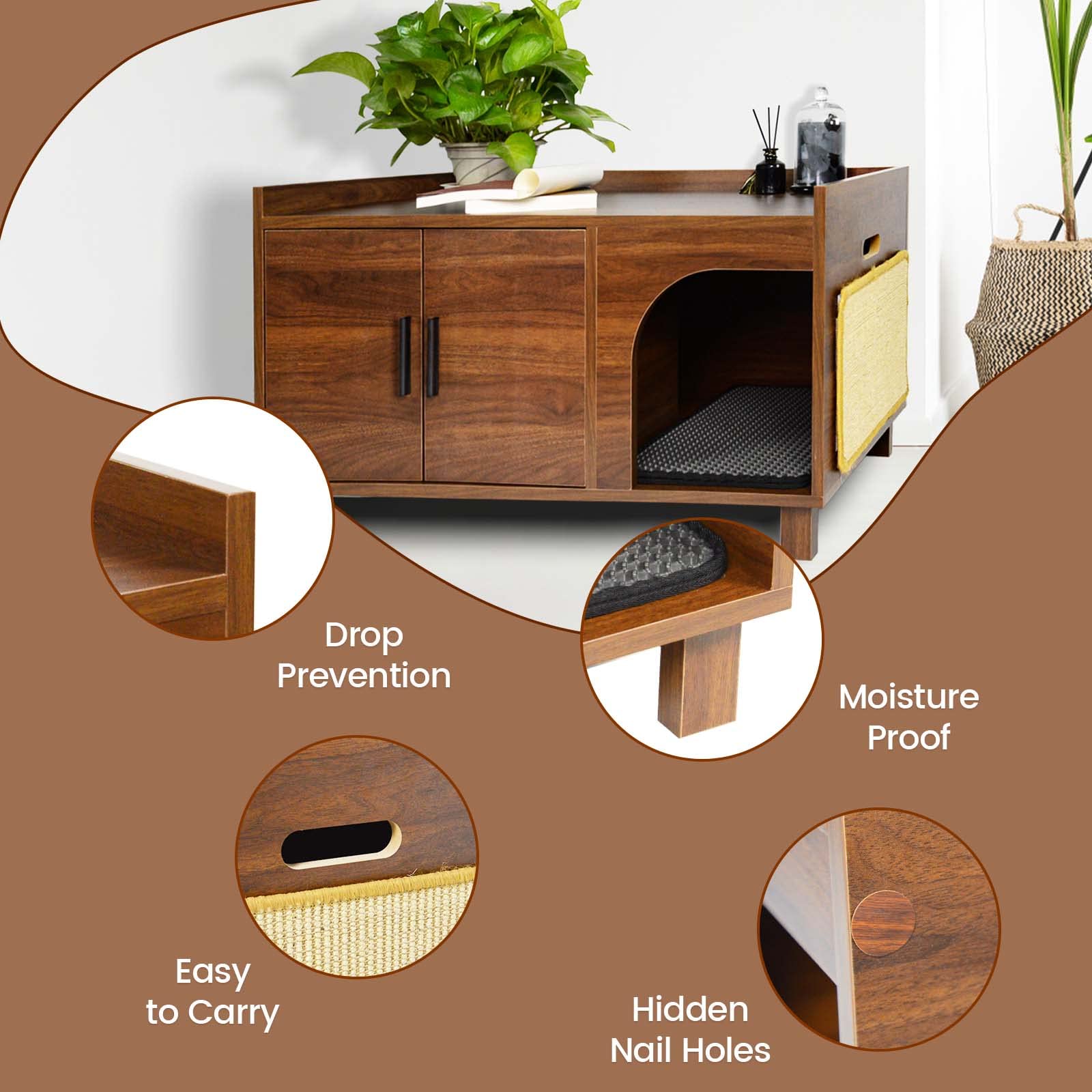 Pluroof Cat Litter Box Enclosure, Modern Cat Washroom Furniture Hidden Litter Box Cabinet As Indoor Decorative Nightstand With Scratching Pad, Rustic Brown