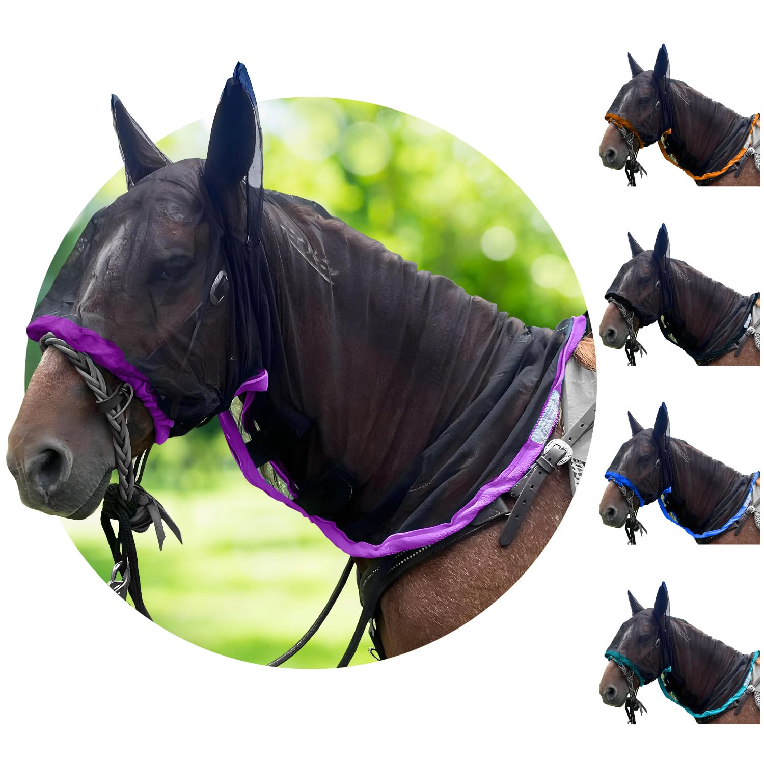 Full Horse Fly Mask with Ears - Purple Full Hoodie Warmblood Nose-to-Wither Fly Masks for Horses with Ears Horse Mask with Ear P