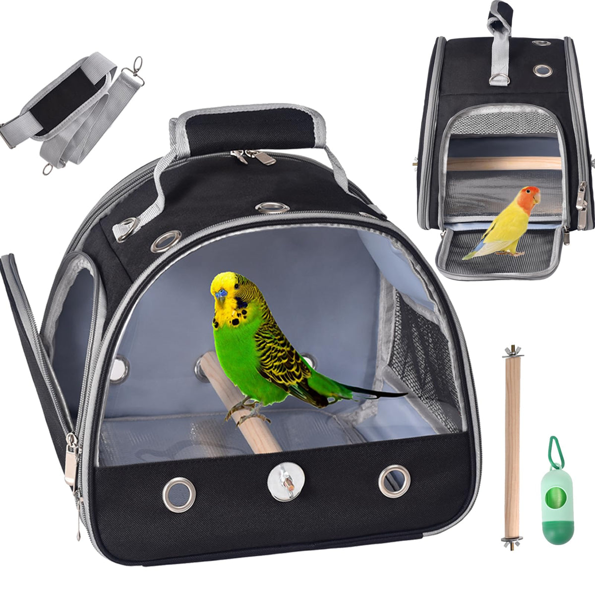 Fcqqywz Bird Carrier With Stand & Tray, Small Bird Travel Cage For Parrot & Parakeet, Shoulder Strap - Black