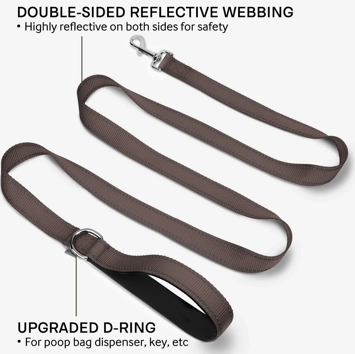 Joytale Double-Sided Reflective Dog Leash, Heavy Duty Nylon, 6FT, Brown, Padded Handle for Medium & Large Dogs