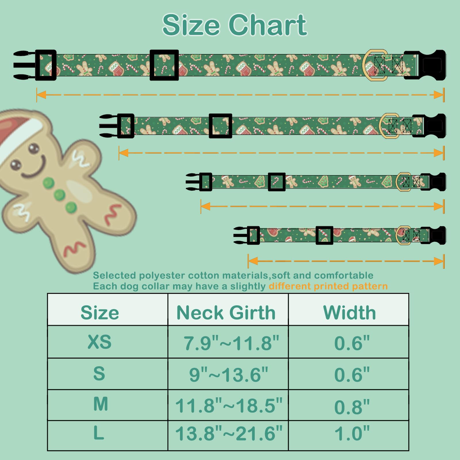 Faygarsle Green Dog Collar Christmas Design Gingerbread Man Pattern For Small Medium Large Dogs Collar Cute Stylish Girl Boy Christmas Dog Collar M