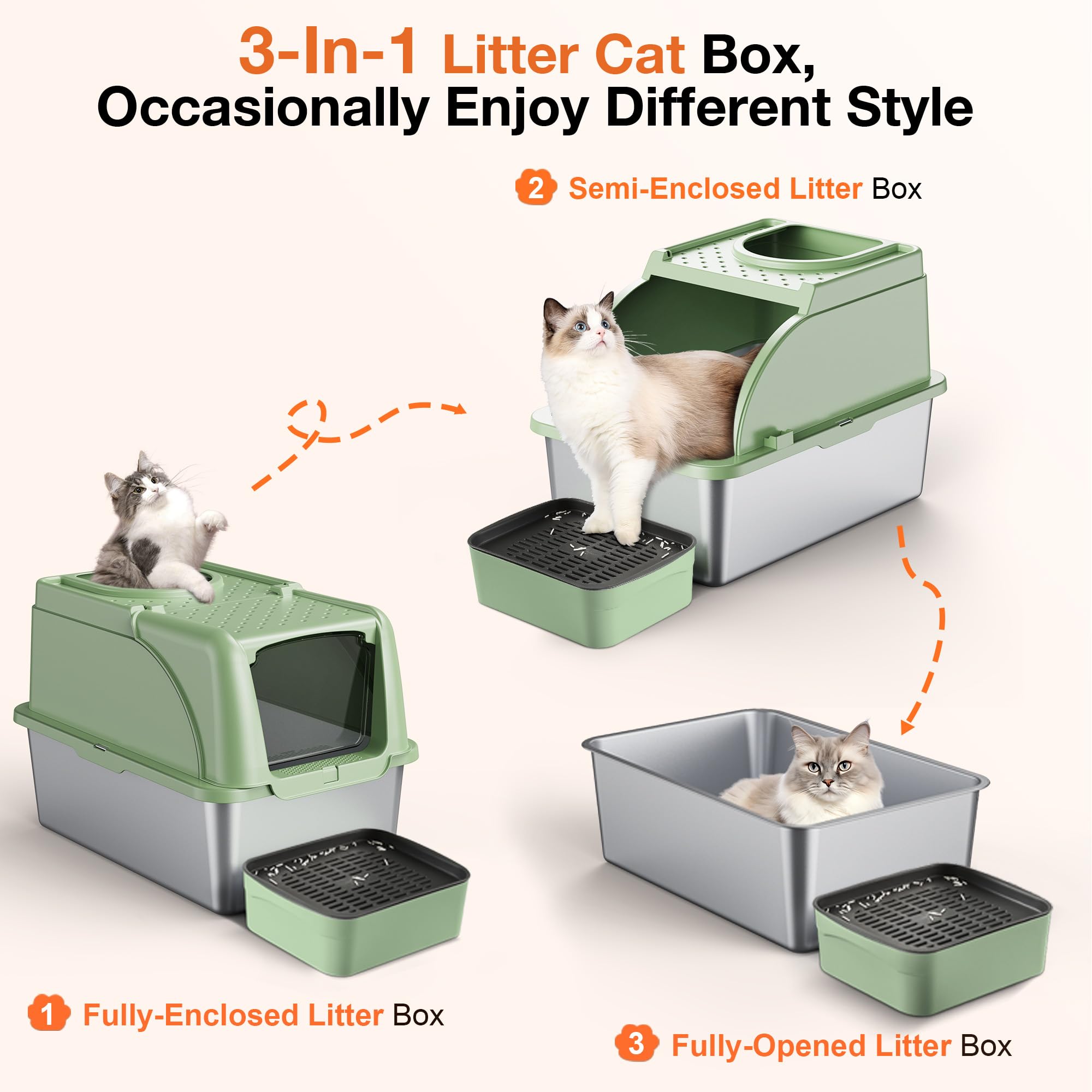 Stainless Steel Litter Box, XXL Large Metal Cat Litter Boxes, Dual Entrance Detachable Litter Box with Lid, 16.6 High Wall Uri