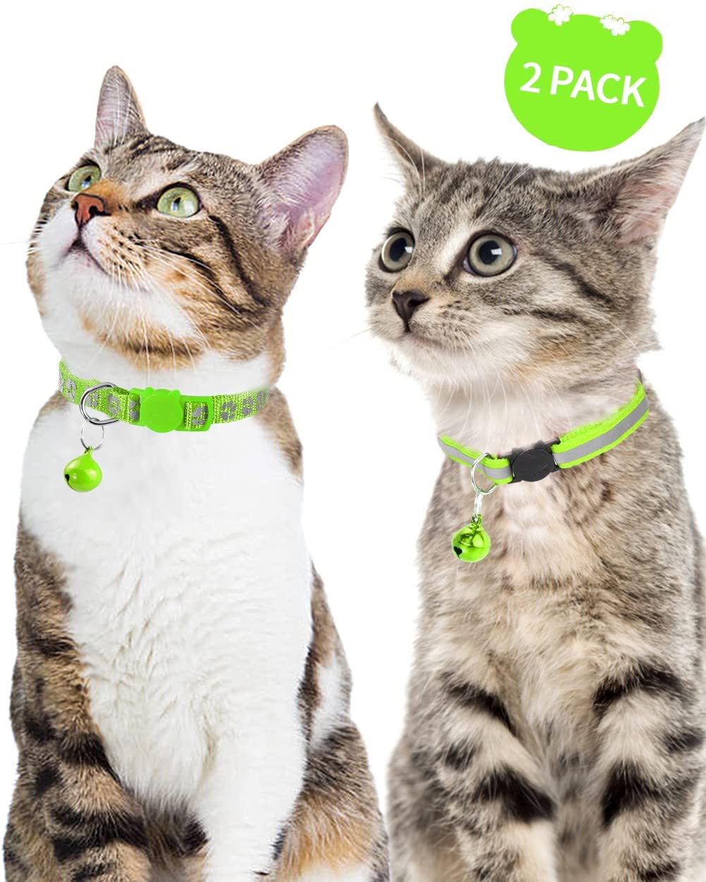 Taglory Reflective Cat Collars Breakaway With Bell, 2-Pack Girl Boy Pet Kitten Collar Adjustable 7.5-12.5 Inch, Green