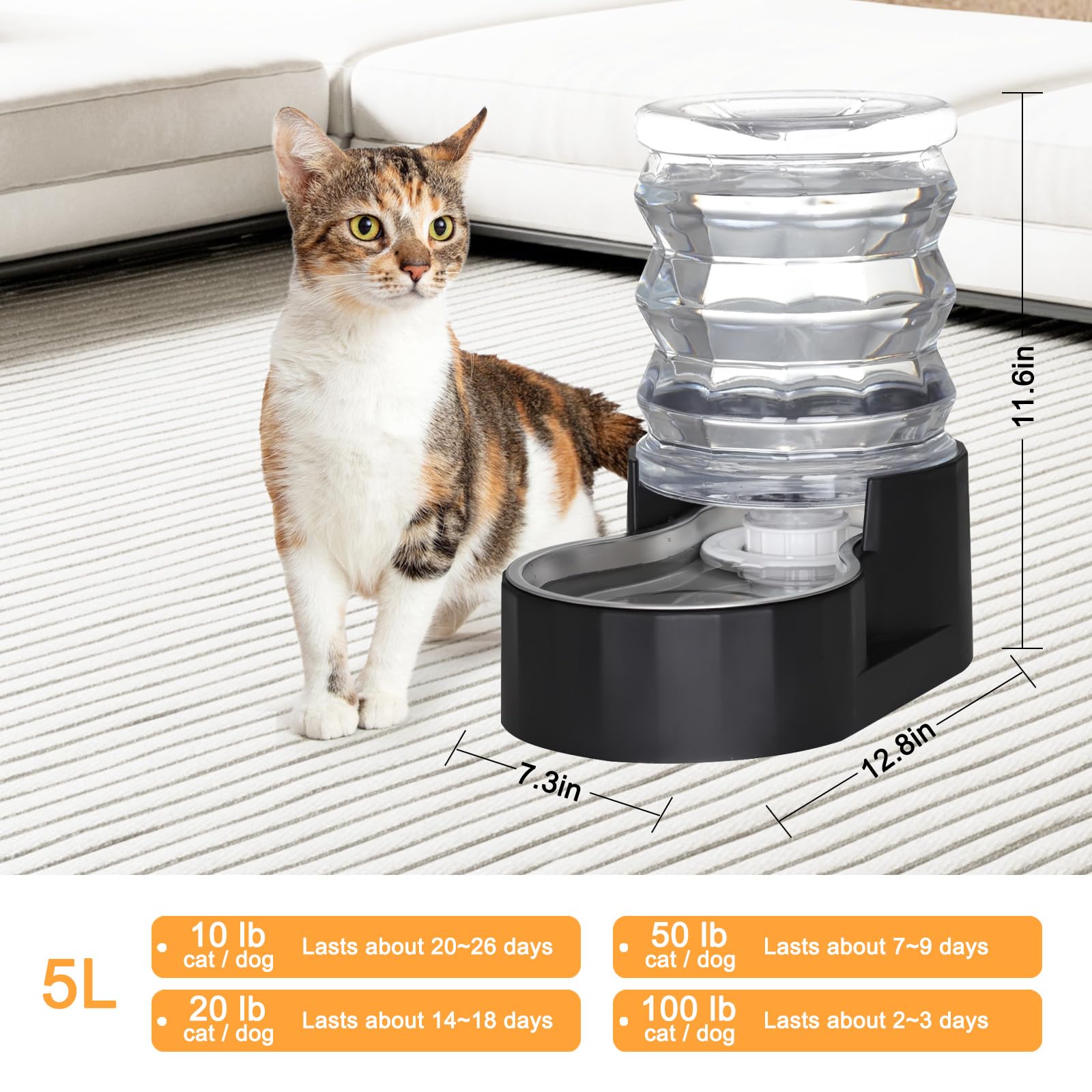 RIZZARI Dog Water Bowl Dispenser: 5L Gravity Black Automatic Stainless Steel Drinking Feeder with Filter for Dogs and Cats