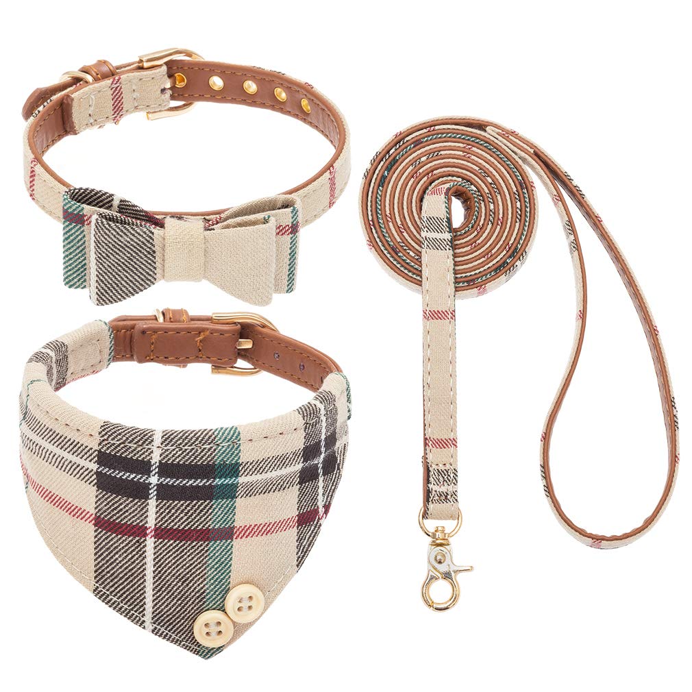 Expawlorer Dog Collar And Leash Set - Classic Plaid Dog Bow Tie And Dog Bandana Collar, Dog Leash Tangle Free, Adjustable Collar