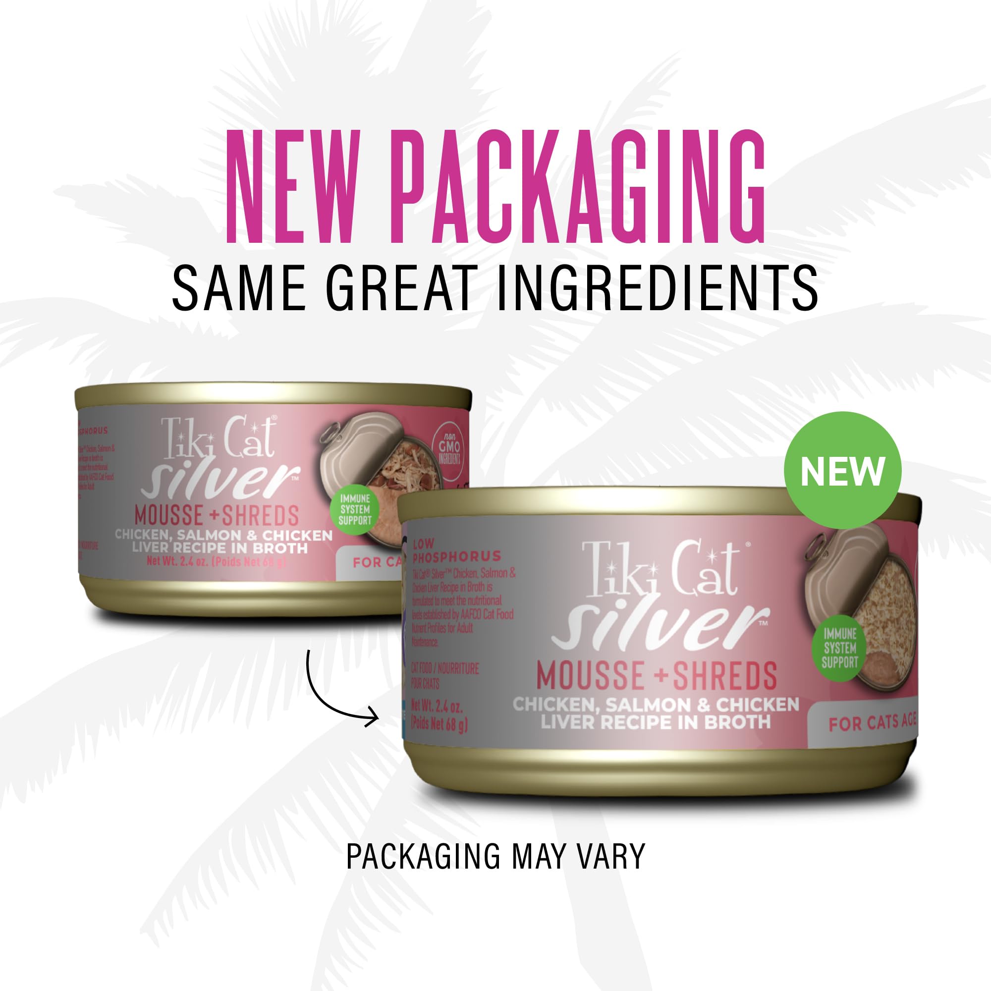 Tiki Cat Silver Comfort Mousse + Shreds, Chicken, Salmon & Chicken Liver Recipe, Immune System Support Formulated for Older Cats