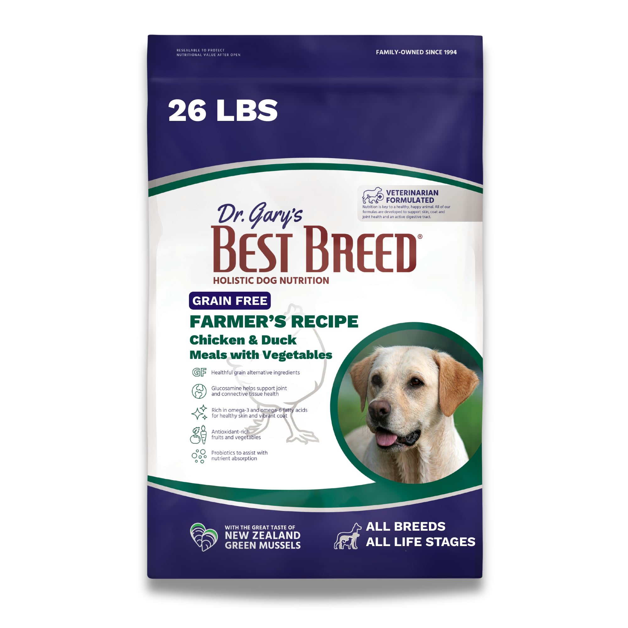 Dr. Garys Best Breed Grain-Free Dry Dog Food, Chicken & Duck for Sensitive Stomach & Skin, All Life Stages, Farmers Recipe, 26 l