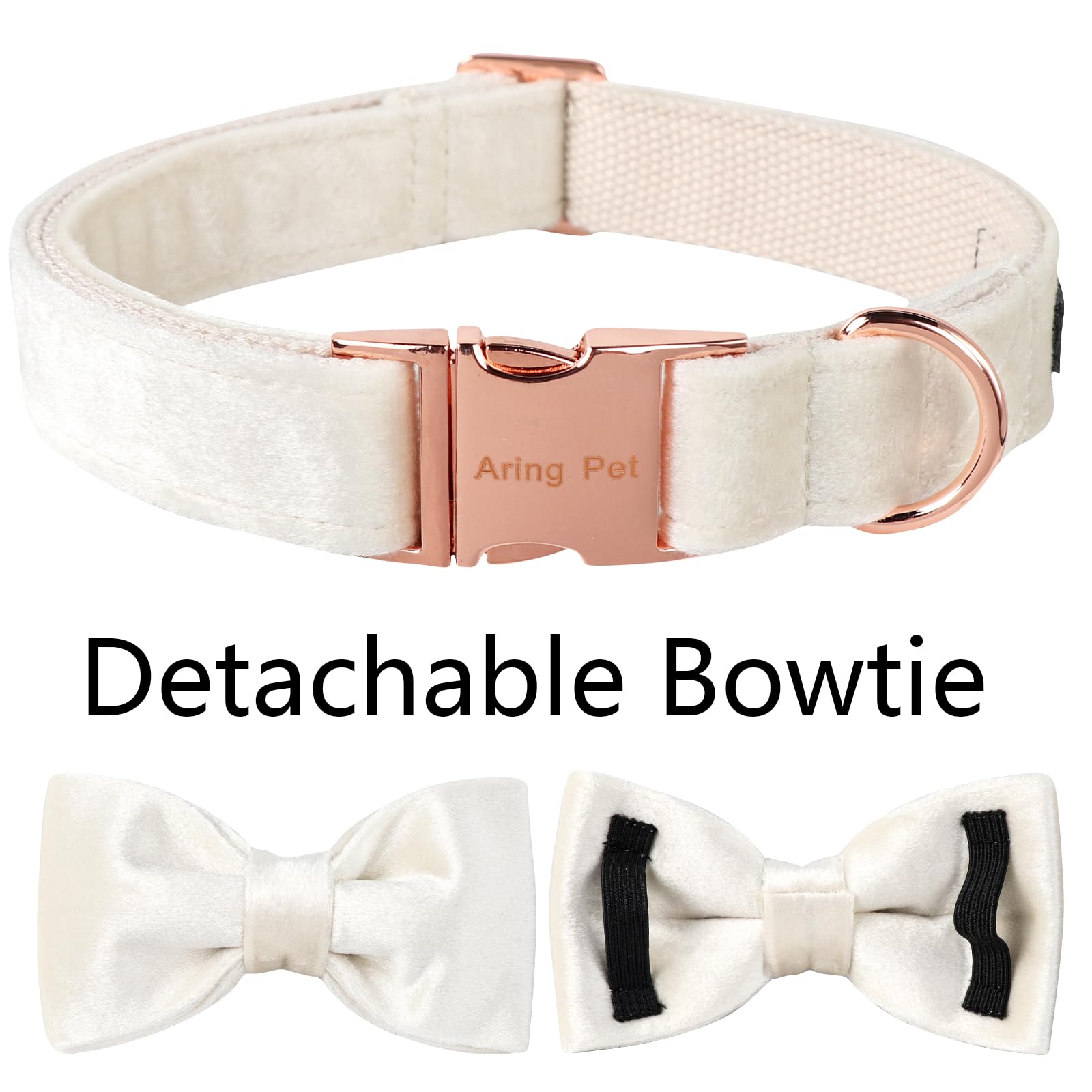 ARING PET Bowtie Dog Collar-Velvet Dog Collars with Detachable Bowtie, White Wedding Soft Dog Collar,Large.