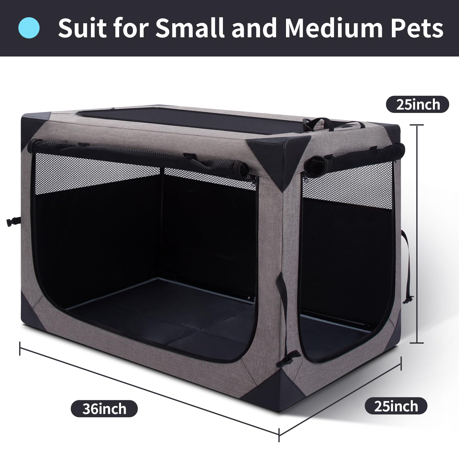 36 Inch Portable Travel Dog Crate, 3 Door Collapsible Soft Pet Kennel with Durable Mesh Windows for Medium Dogs, Foldable Dog Ca