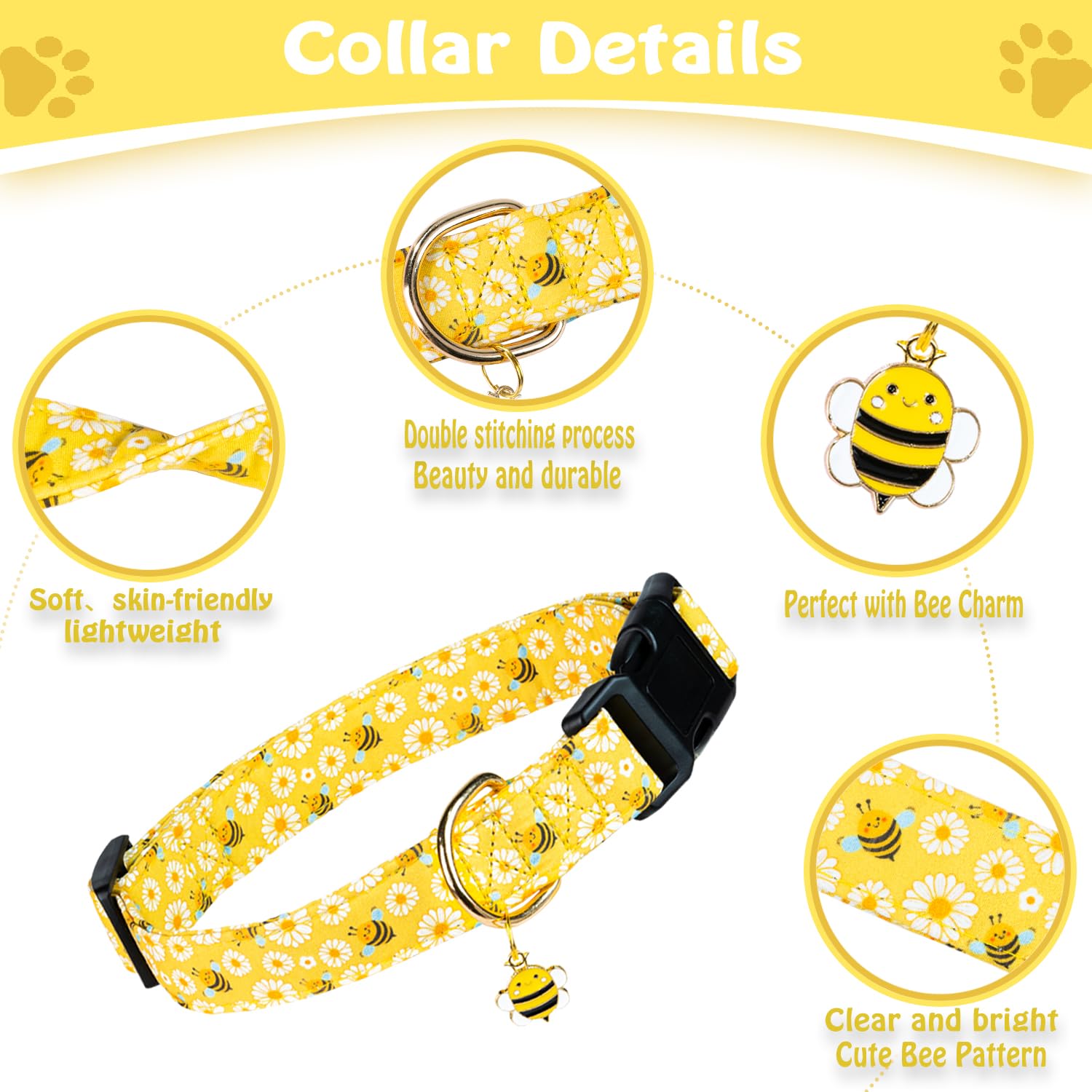 Prehai Cute Cotton Dog Collar For Small Medium Large Dogs Special Design Cute Yellow Bee Dog Collar For Boy Girl Dogs Soft Adjus