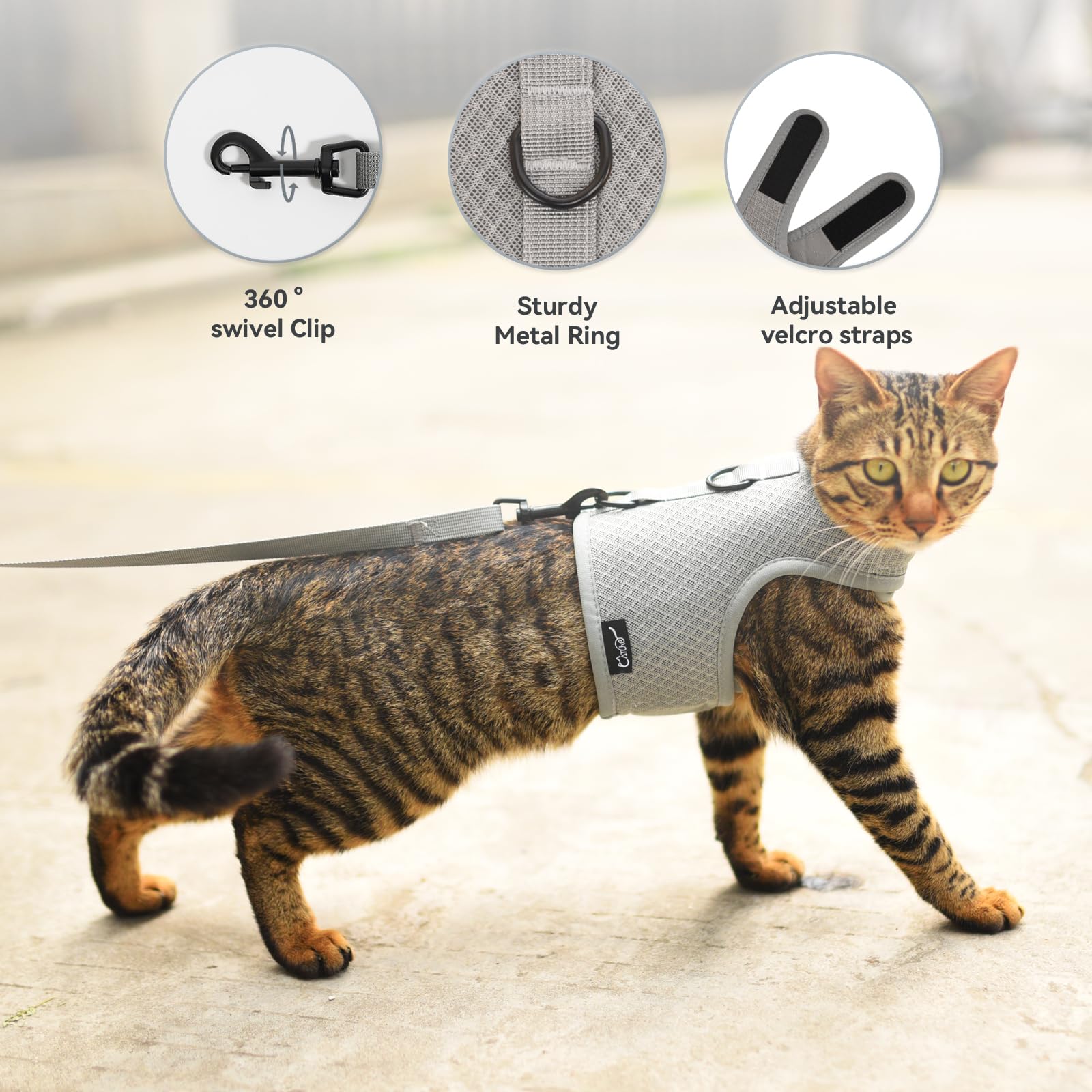 Cat Harness and Leash for Walking Escape Proof Breathable Mesh Fabric, Solid Grey, Large, Adjustable Cat Walking Jackets, Padded