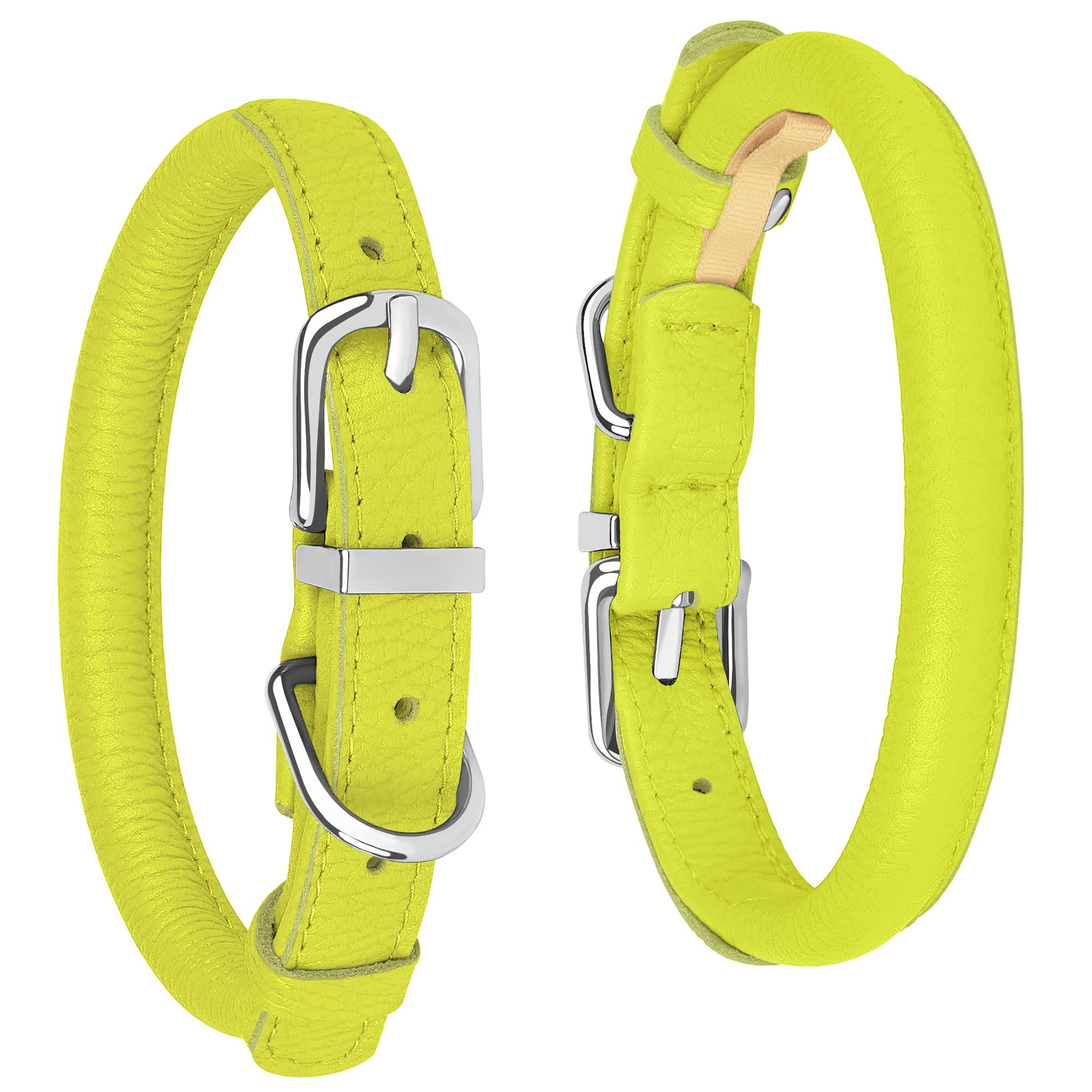 Oopsdoggy Rolled Leather Dog Collar Soft Roll Collars For Small Medium Large Dogs Puppy (Lime Green, S, 10''-13'')