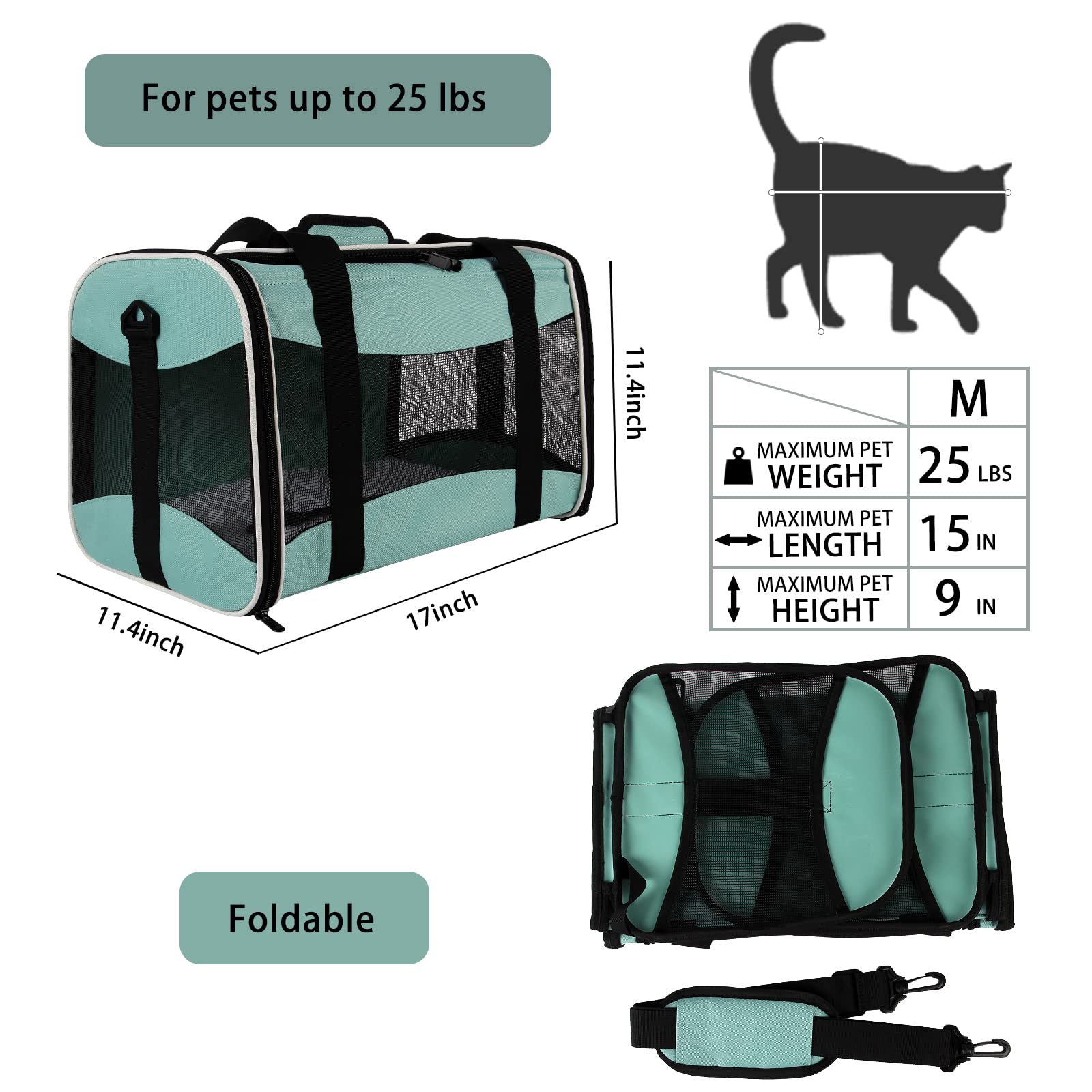 Cat Carrying Case Pet Dog Carrier Soft-Sided Cat Bag Airline Approved, Pet Travel Carrier Up To 15 Lbs, Collapsible Cat Carrier Dog Carrier For Medium Cats Small Cats Dogs(17X11X11 Green)