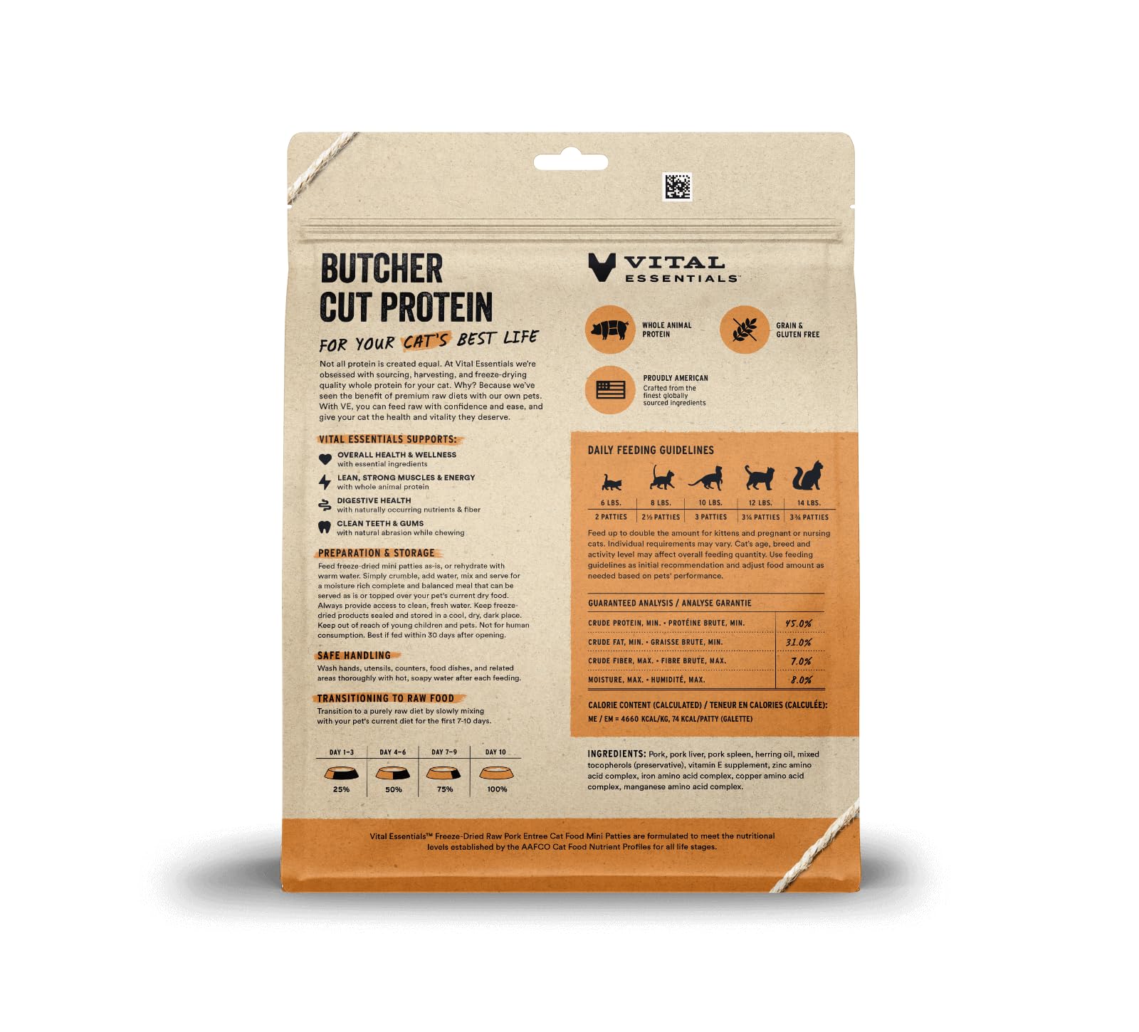Vital Essentials Freeze Dried Raw Cat Food, Pork Mini Patties Entree, 15 oz
