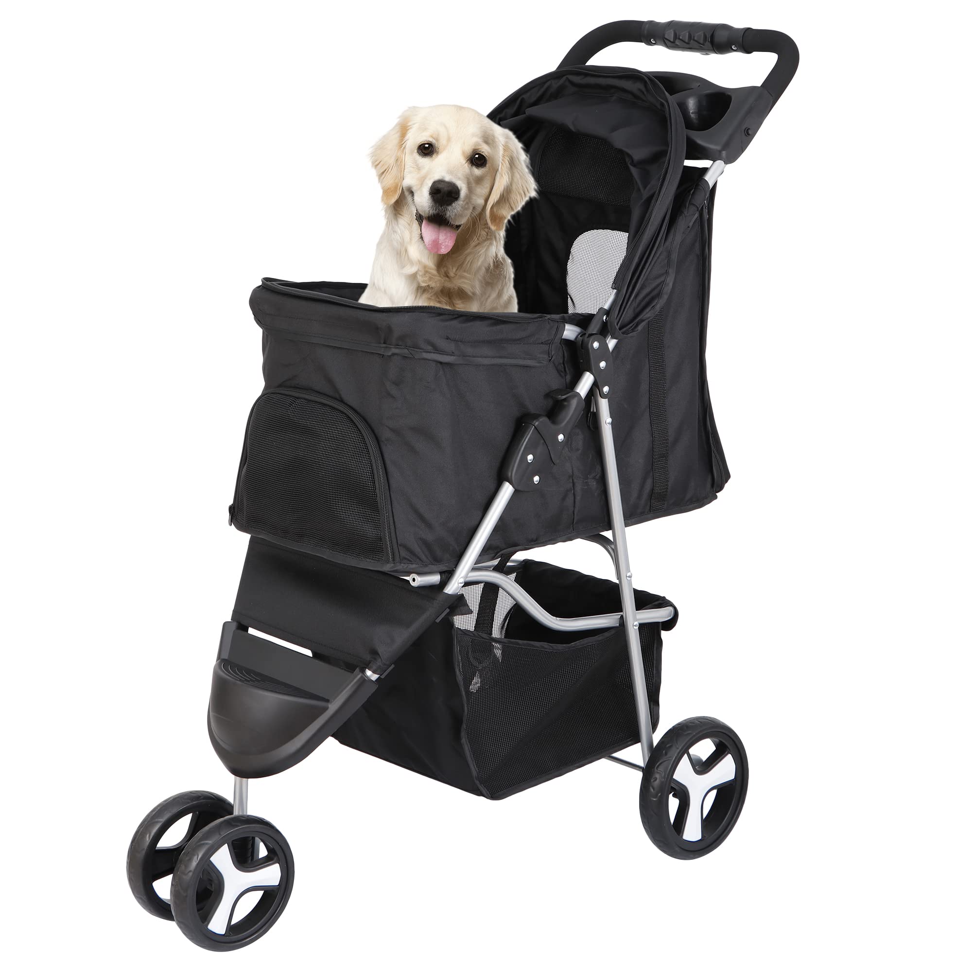 Lemy Foldable Pet Puppies Stroller For Cats And Dogs, 3 Wheels Travel Pet Carrier W/Weather Cover, Storage Basket And Cup Holder