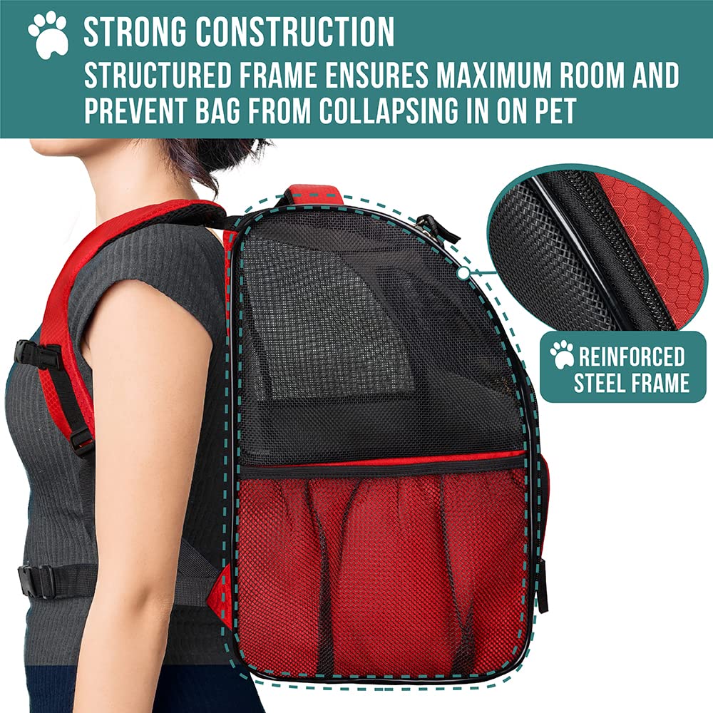 Petami Dog Backpack Carrier For Small Large Cat, Pet, Puppy, Ventilated Pet Hiking Backpack Travel Bag, Airline Approved Cat Backpack Carrier, Camping Biking Dog Bag Up To 18Lbs Pet, Red