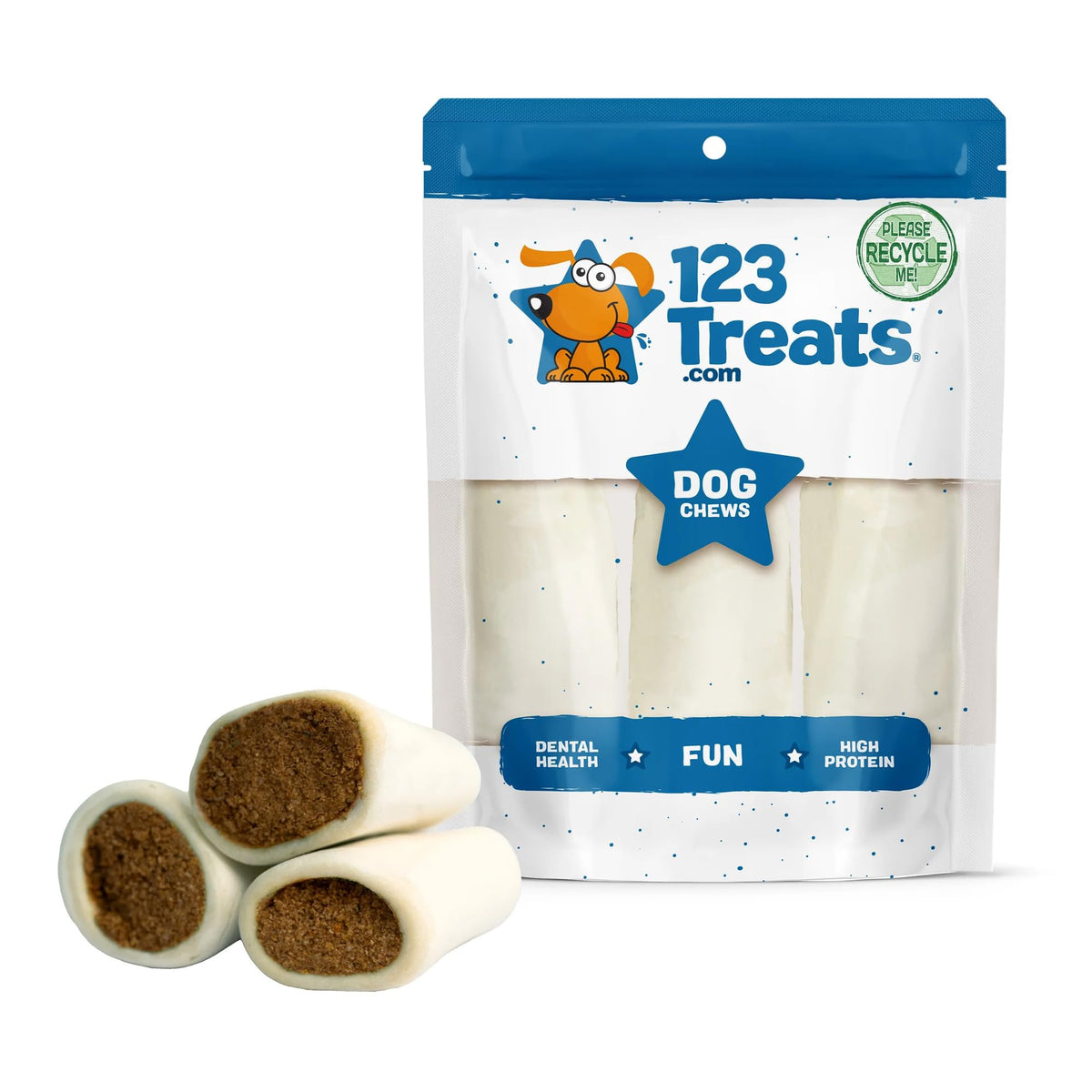 123 Treats, Filled Dog Bones For Large Dogs, Stuffed Peanut Butter Shin Bones For Dogs (5 To 6' Beef Bones - 4 Count) Long Lasting Dog Chews