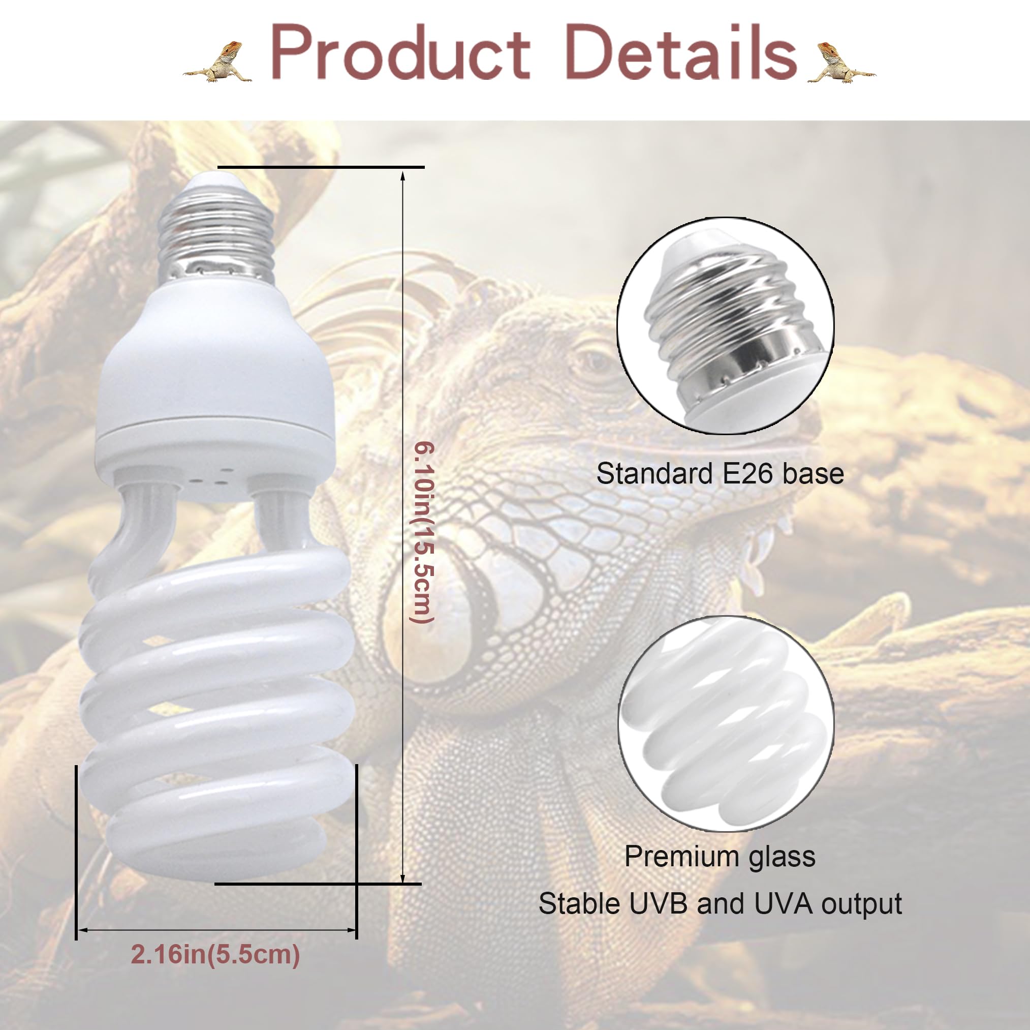 Yimidool Uvb Light For Reptiles, 26W 15.0 Reptile Heat Lamp Bulbs, Uva Uvb Reptiles Light Bulbs Ideal For Rainforest Reptiles, B
