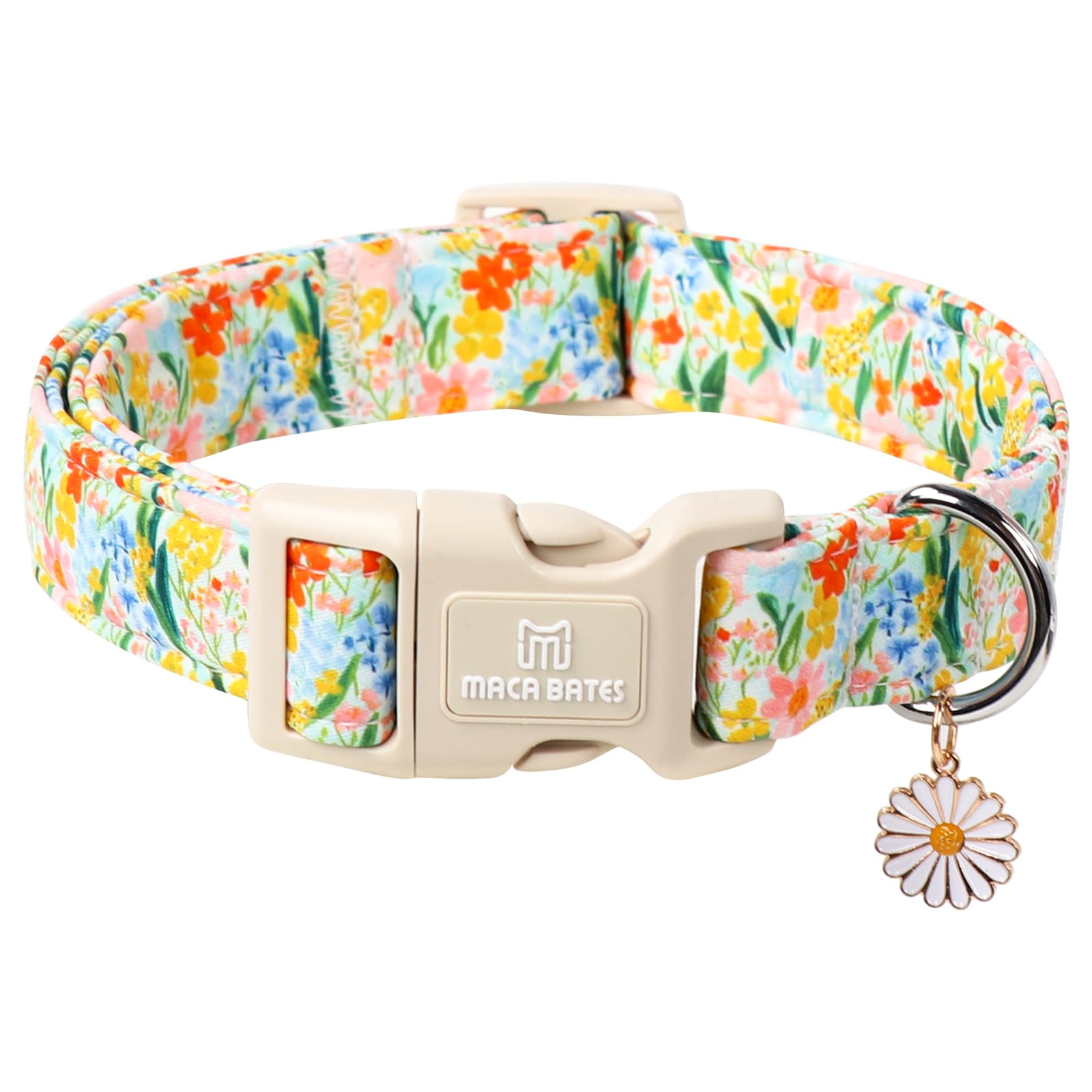 Maca Bates Spring Floral Basic Dog Collar With Pretty Flower Charm And Safety Buckle Adjustable Durable Soft Comfortable Collars