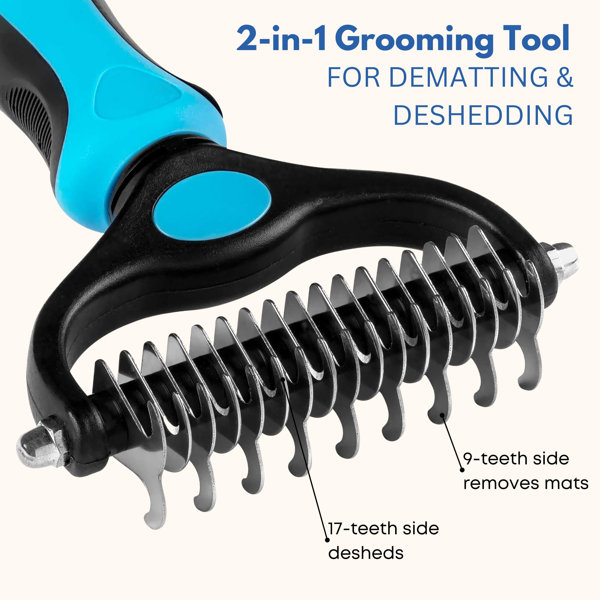 Freshly Bailey Double-Sided Dog & Cat Dematting Brush - Safe Detangler Rake for Matted Fur, Blue & Black, 6.88 x 3.9 Inch