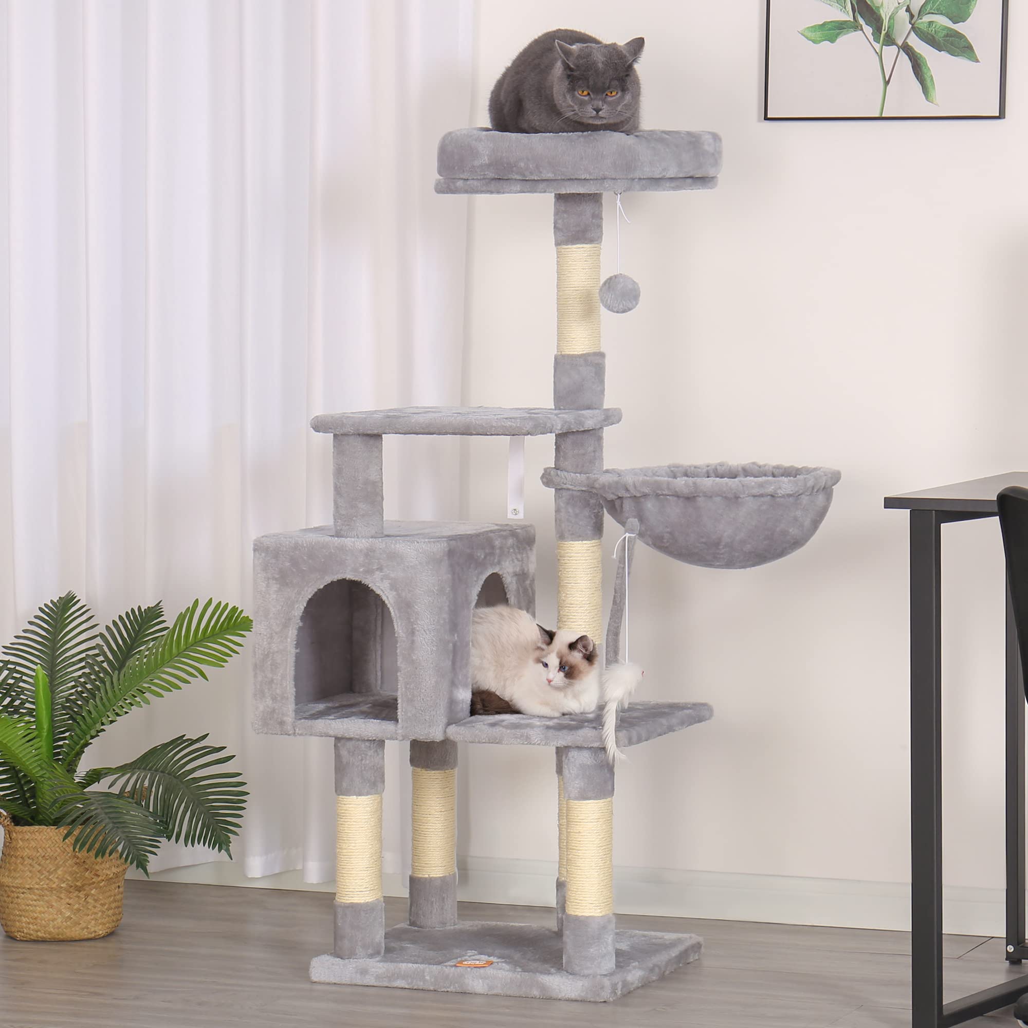 Heybly Cat Tree With Toy, Cat Tower Condo For Indoor Cats, Cat House With Padded Plush Perch, Cozy Hammock And Sisal Scratching