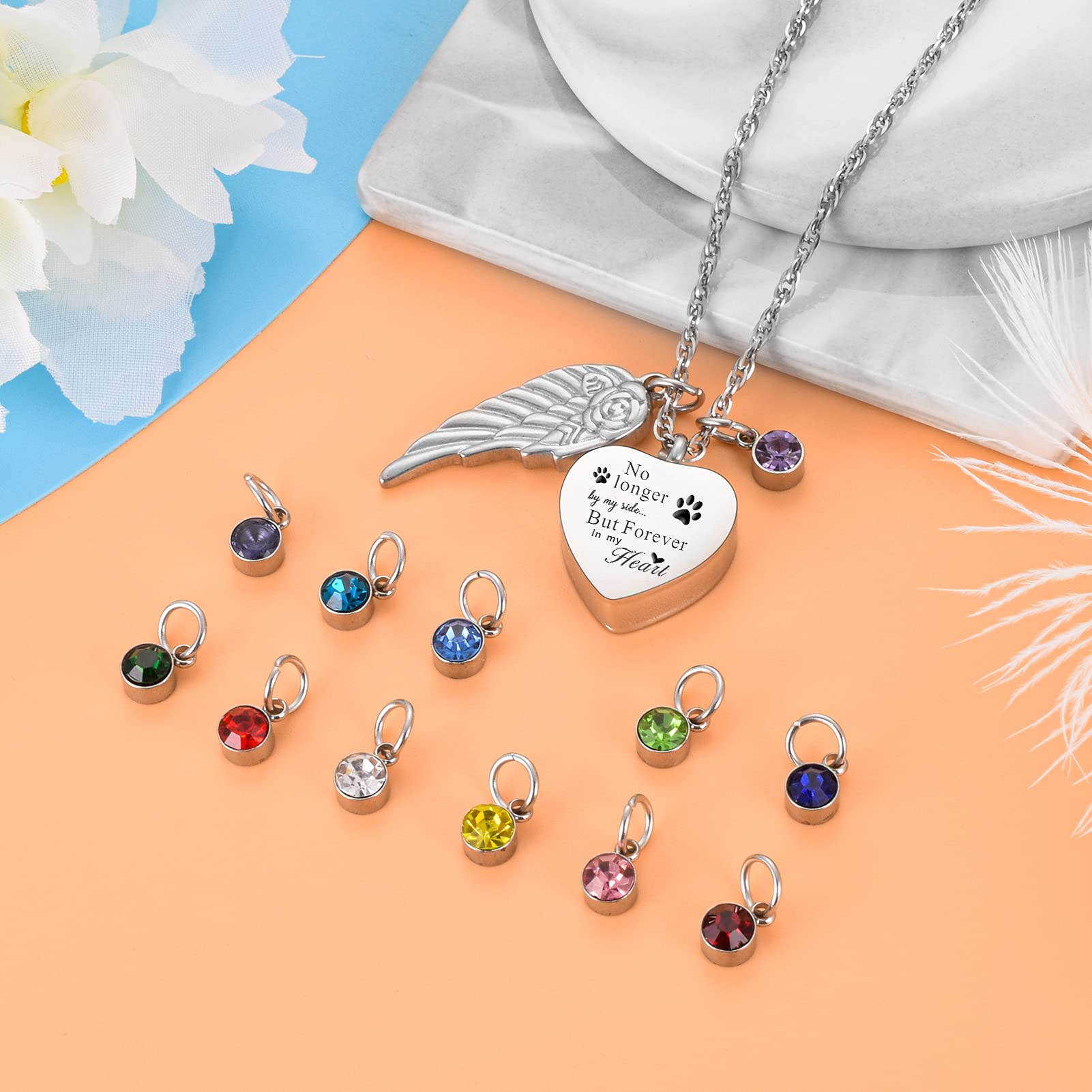 Soitis 12Pcs Birthstones Cremation Jewelry For Dog Ashes Urn Necklace For Pet Ashes Heart Urn Pendant Stainless Steel Memorial Ashes Keepsake