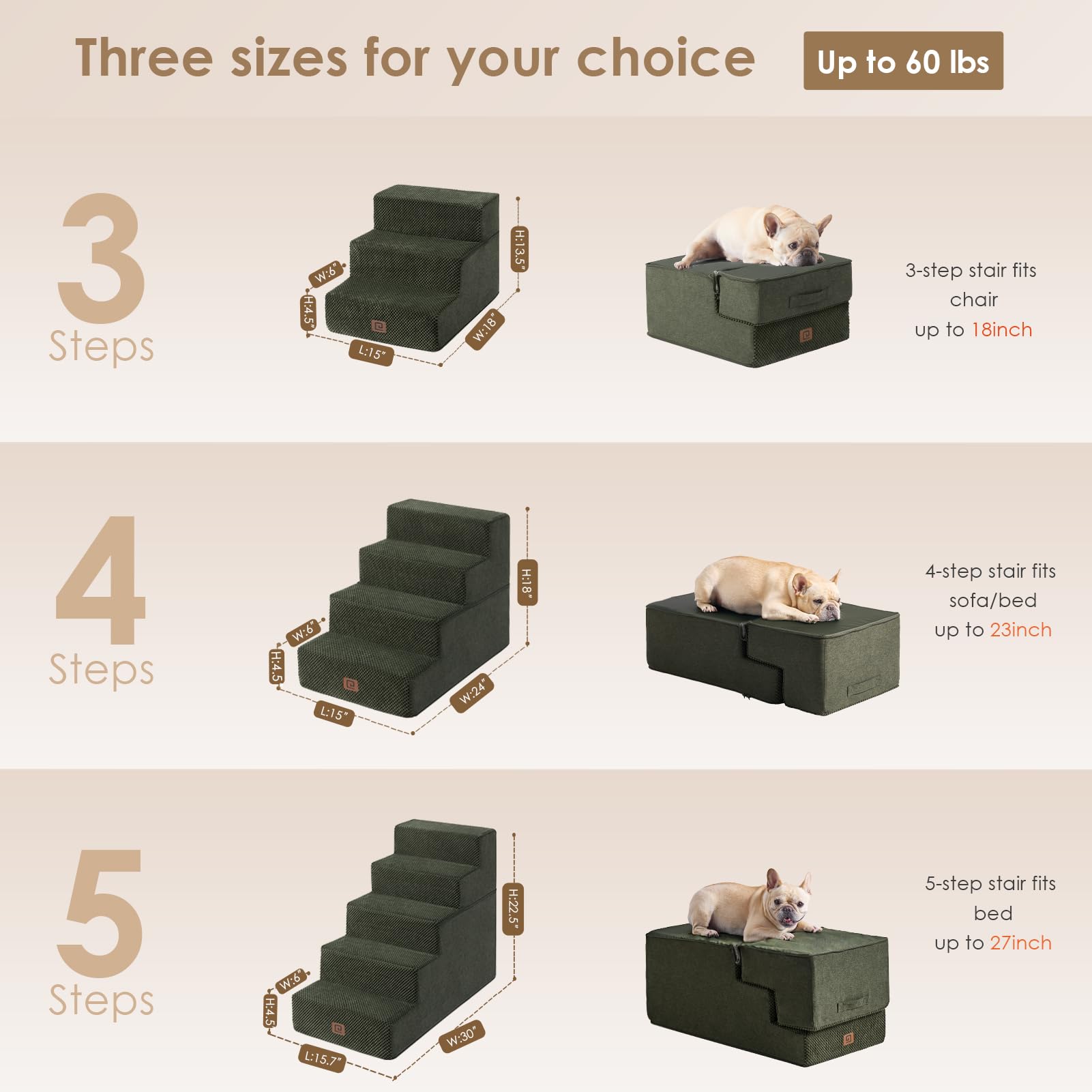 Eheyciga Dog Stairs For Small Dogs 13.5' H, 3-Step Dog Steps For Couch Sofa And Chair, Pet Steps For Small Dogs And Cats, Non-Slip Balanced Dog Indoor Ramp, Olive Green